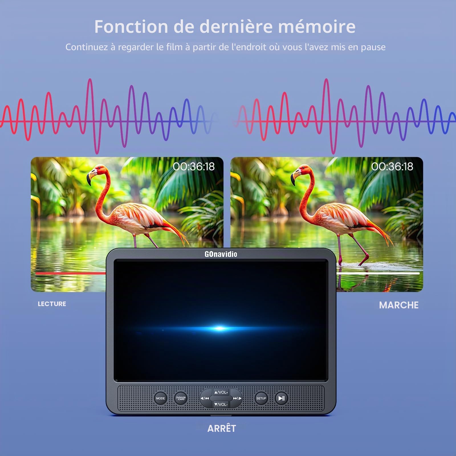 GOnavidio Lecteurs DVD de voiture doubles de 10,1" avec entrée HDMI, chargeur mural, 2 écouteurs, prise en charge de la région libre, dernière mémoire, entrée AV et sortie AV, carte USB/TF (2 lecteurs
