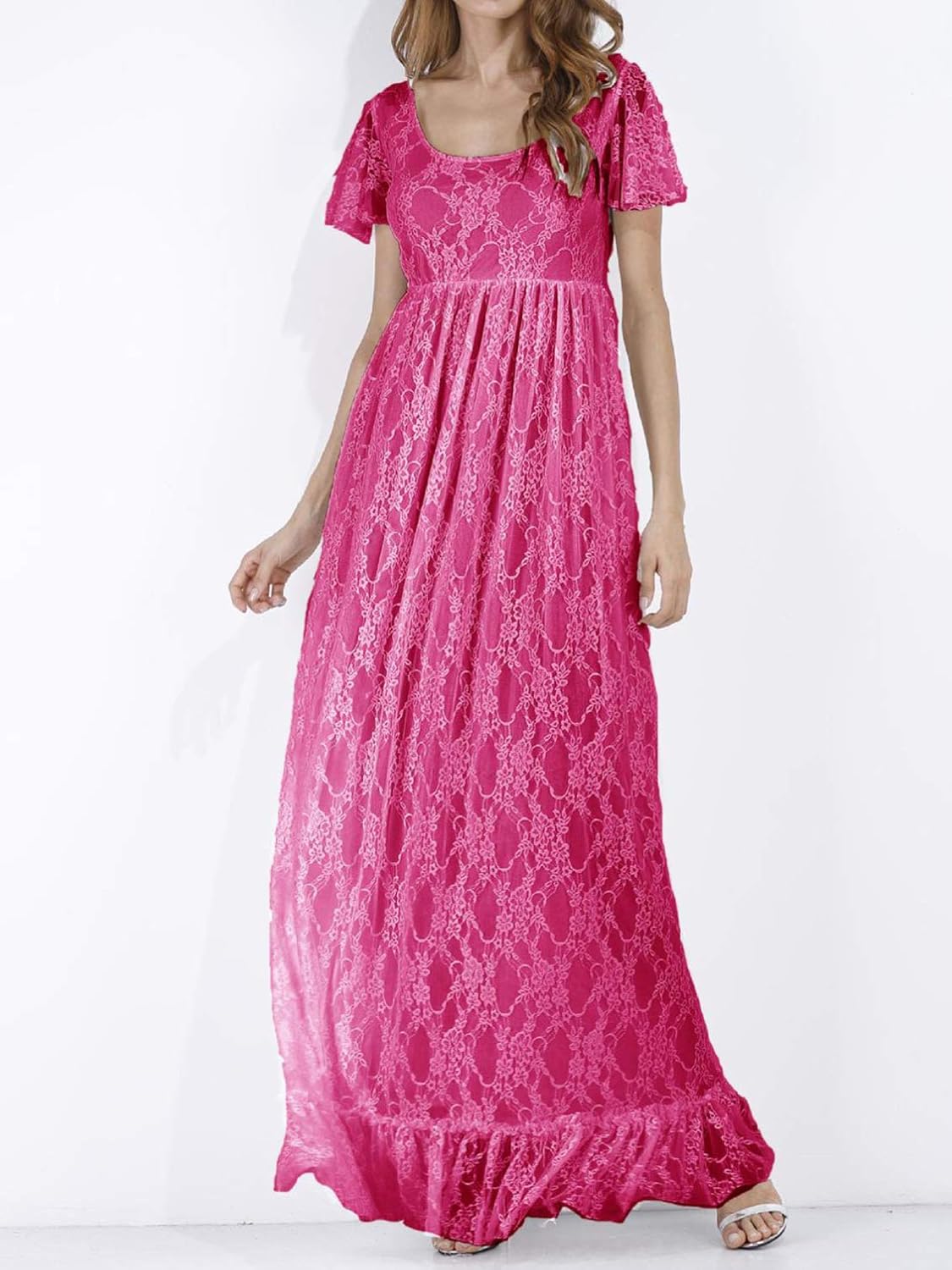 Alvivi Womens Short Sleeve Floral Lace Bridesmaid Wedding Long Dress Maternity Maxi Gowns for Photography Baby Shower