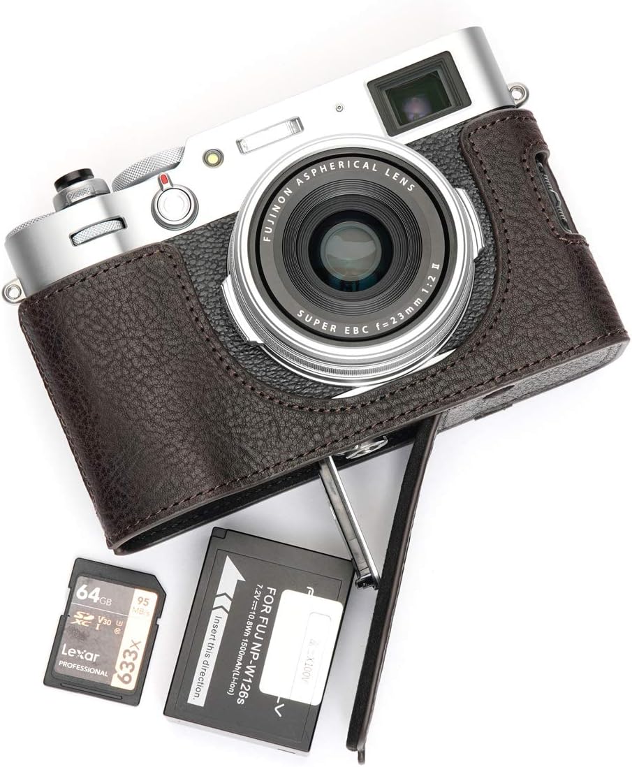 Fujifilm X100V Camera Case, BolinUS Handmade Genuine Real Leather Half Camera Case Bag Cover for Fujifilm Fuji X100V Camera Bottom Opening Version + Hand Strap (Coffee)