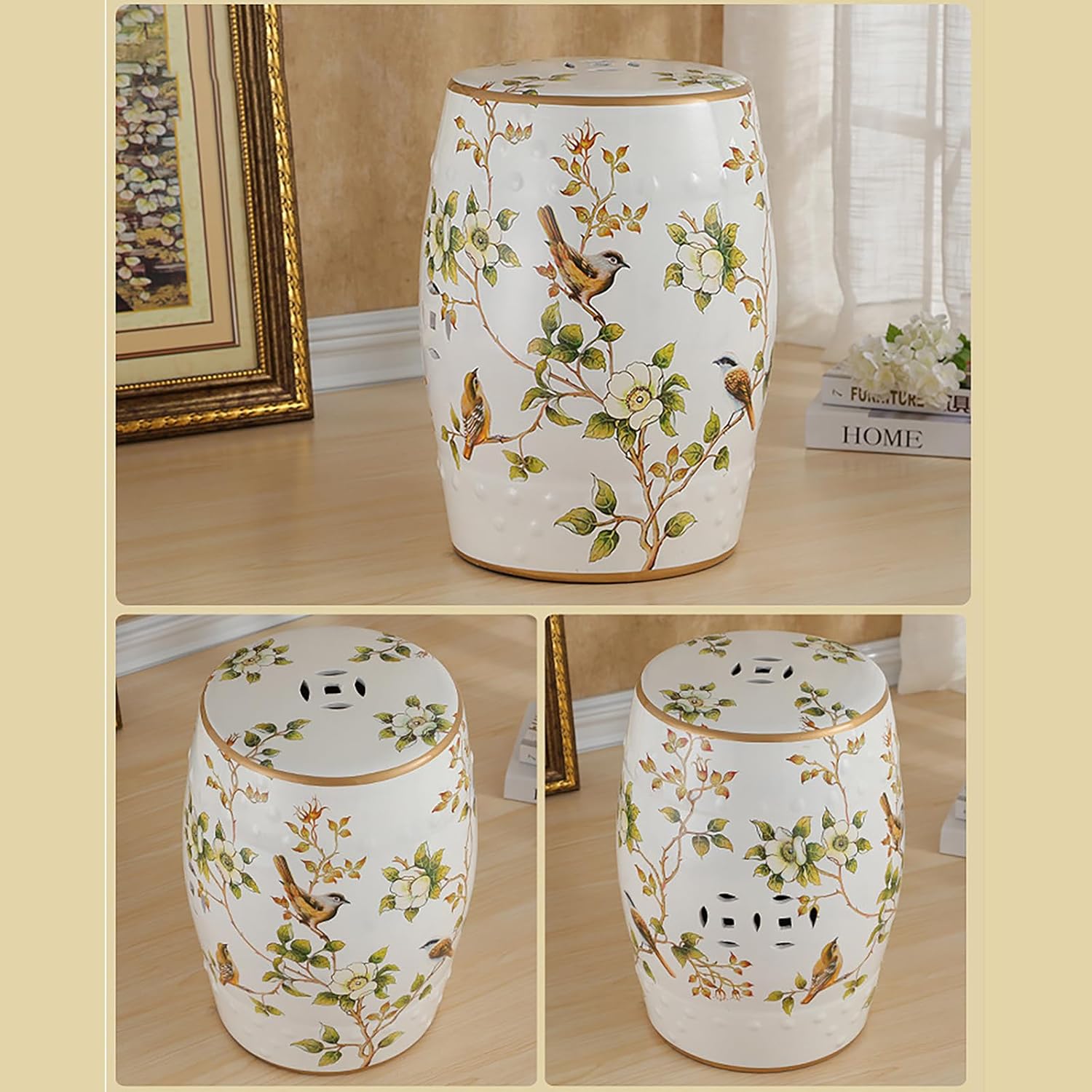 Ceramic Garden Stool,Floral Bird Drum Accent Table,Glazed Hand-Painted Design,Flower&Butterfly,Indoor/Outdoor Side Table Ottoman for Living Room, Bedroom, Patio, Bathroom