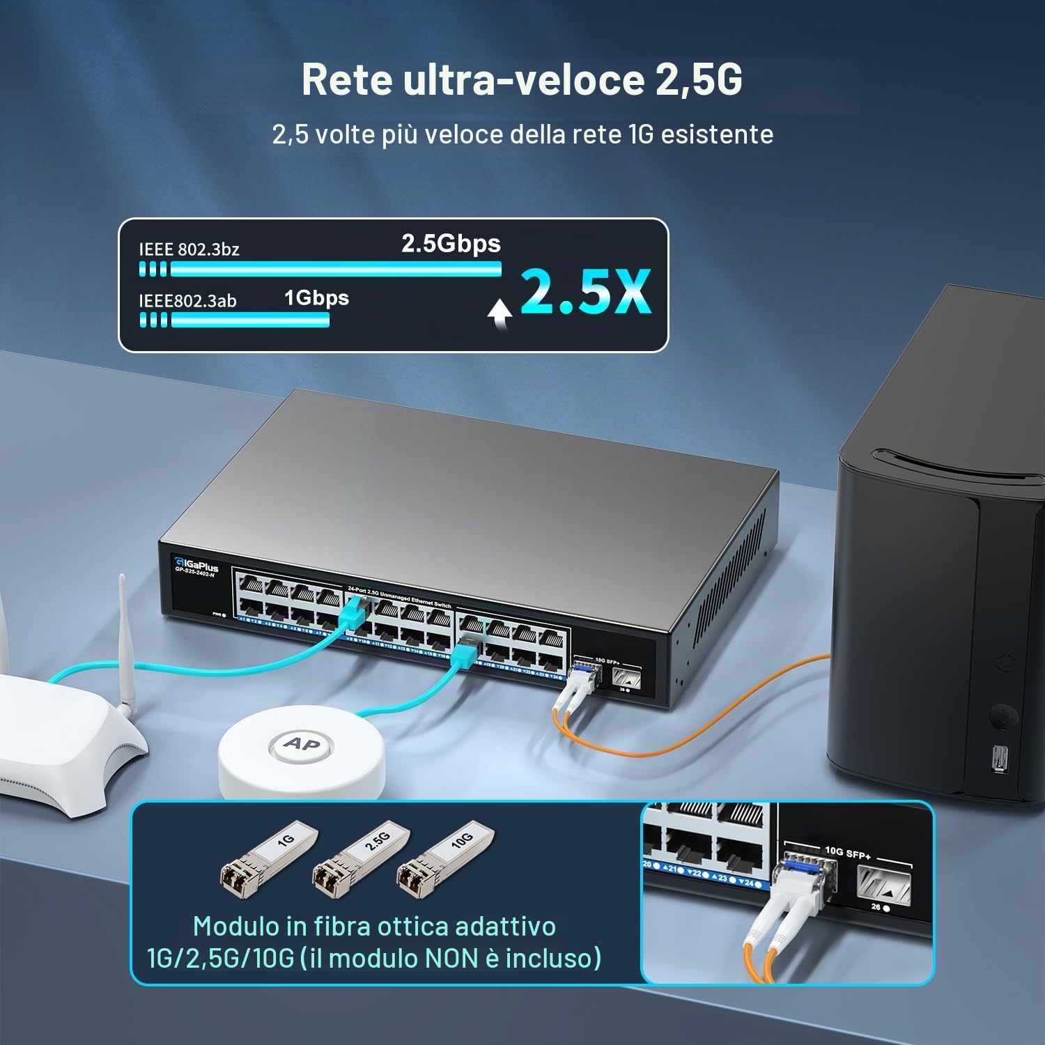 26 Port 2.5Gb Unmanaged Ethernet Switch with 24* 2.5G Base-T Ports, 2* 10G SFP+ Ports. GiGaPlus 2.5Gbps Network Switch for 2.5Gbps NAS/PC, WiFi6 Router, Wireless AP. Fanless Design, Plug and Play