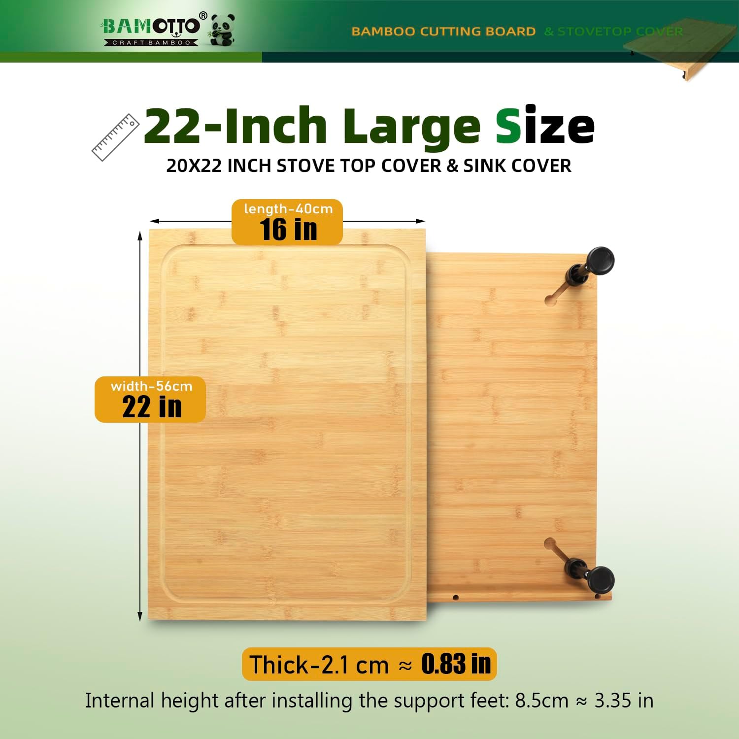 BAMOTTO CRAFTBAMBOO 16 x 22 Inch Bamboo Cutting Board, Over-the-Sink Board and Stovetop Cover with Detachable Support Legs & Front Lip, for RV Camper and Home Kitchen