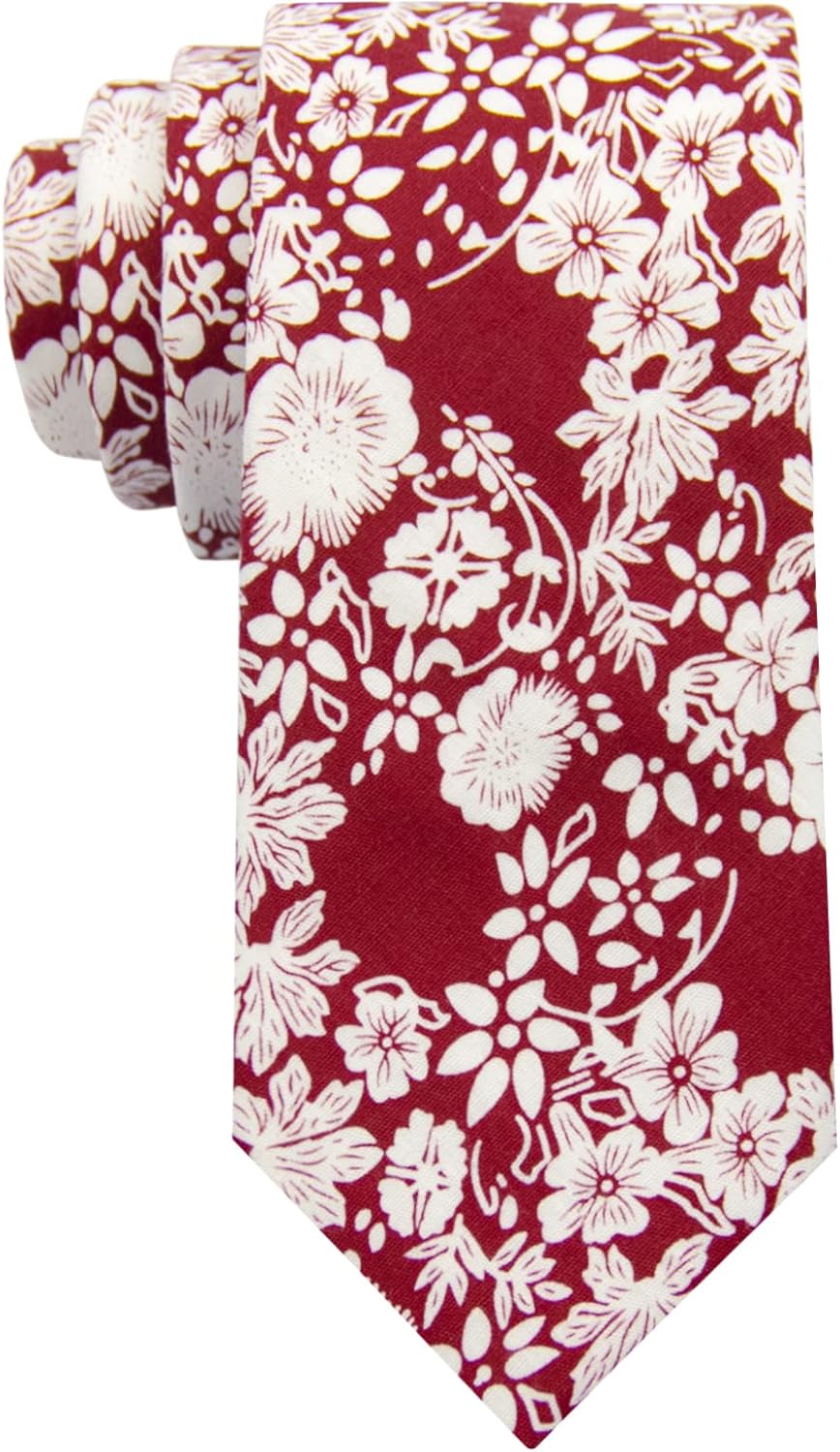 Mantieqingway Men's Cotton Printed Floral Neck Tie Skinny Tie Burgundy Beige Floral