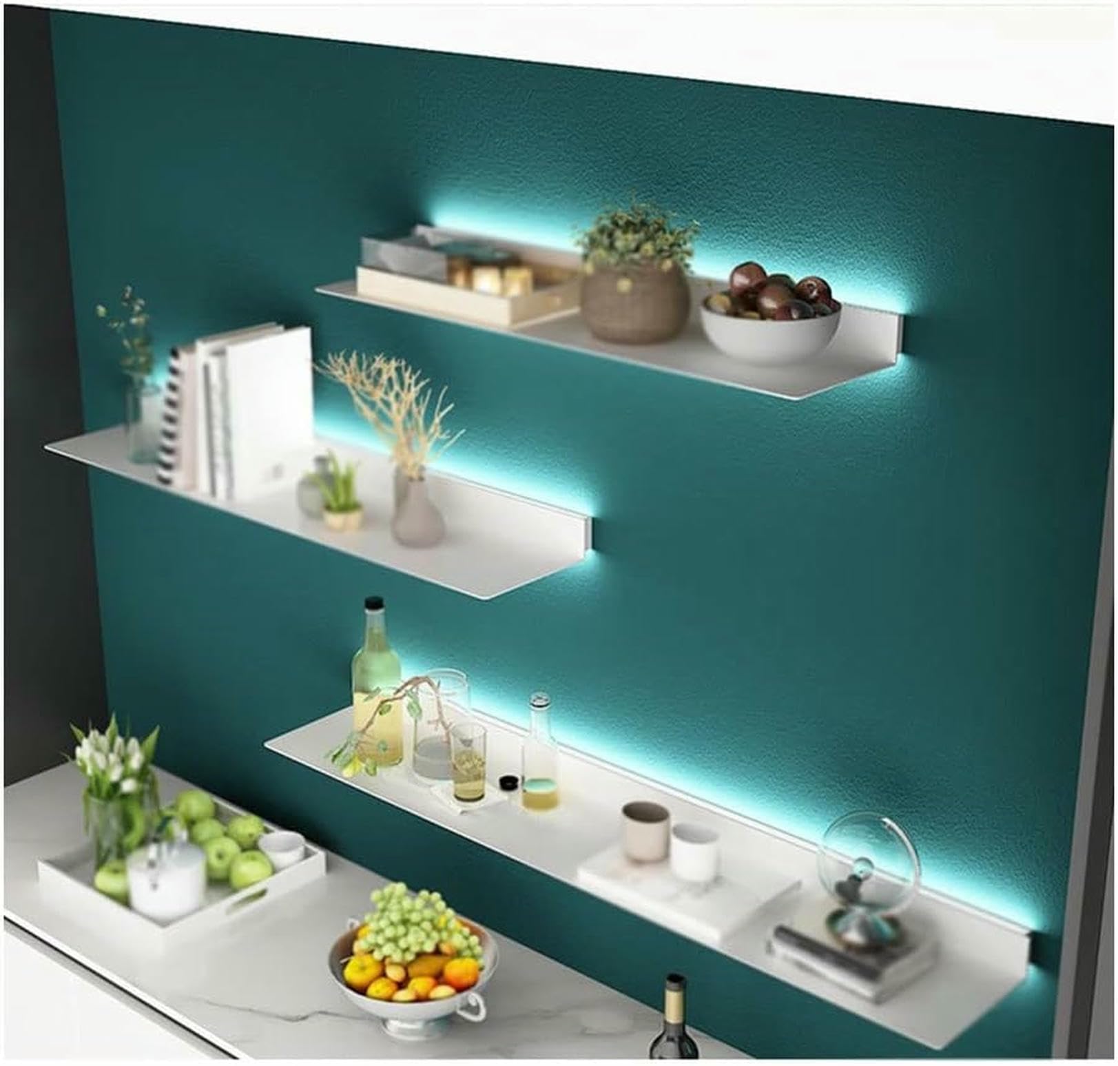 Étagère de mur métallique flottante au design épuré et lumière LED d'ambiance haut de gamme