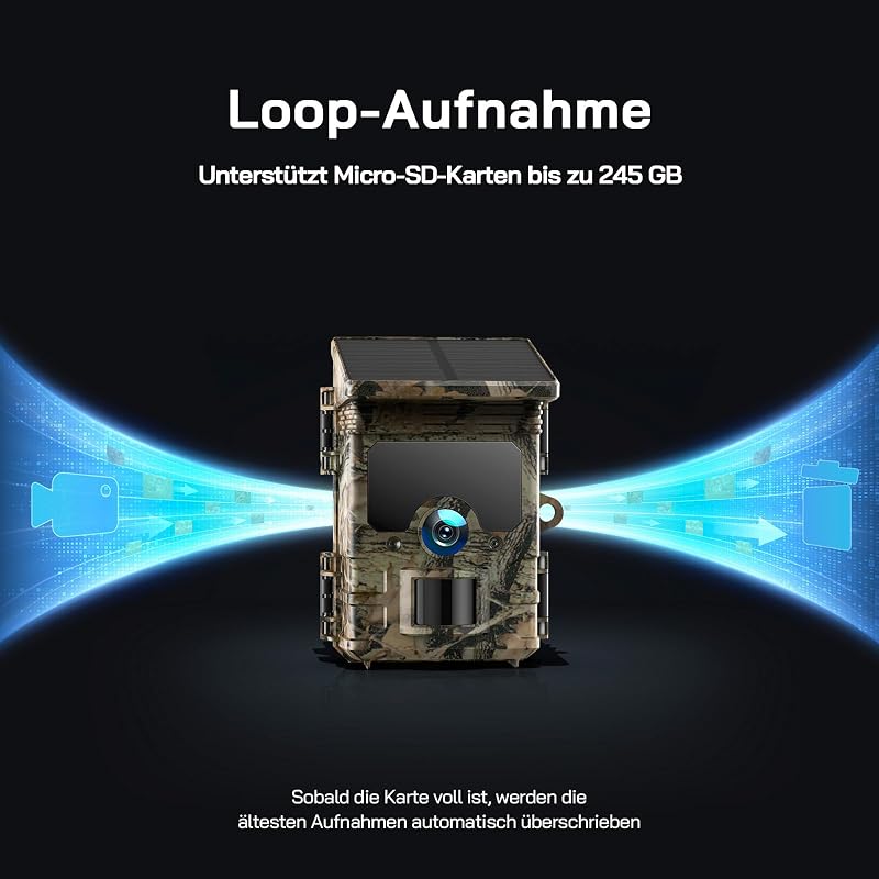 WOLFANG Napelemes Vadkamera 4K 68MP Mobilos Átvitellel - 120° Széles Látószögű WiFi/Bluetooth Vadmegfigyelő Kamera Éjjellátóval, IP66 Vízáll