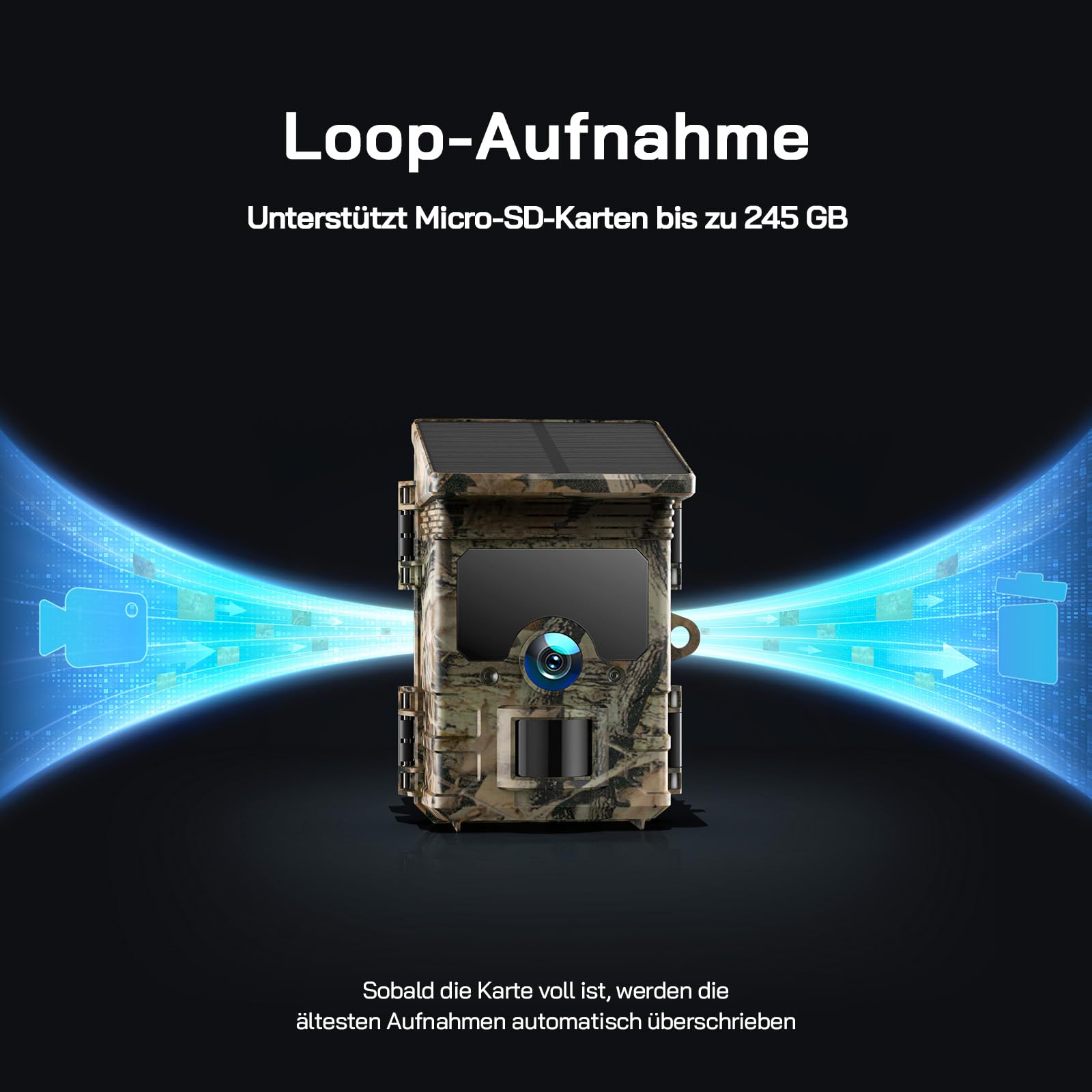 WOLFANG Solar Wildkamera mit Handyübertragung, 4K 30fps 68MP,120 ° Weitwinkel WLAN Bluetooth Wildtierkamera, Bewegungsmelder Nachtsicht, IP66, 0.1s Auslösezeit für Wildlife Monitoring