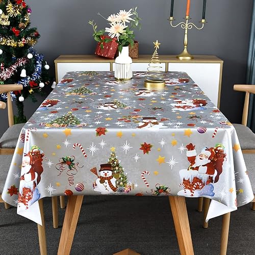 Miniatura 6 de TruDelve Mantel de Navidad rectangular de vinilo plateado de plástico, mantel oblongo, con muñeco de nieve para fiesta (54 x 84 pulgadas, muñeco de