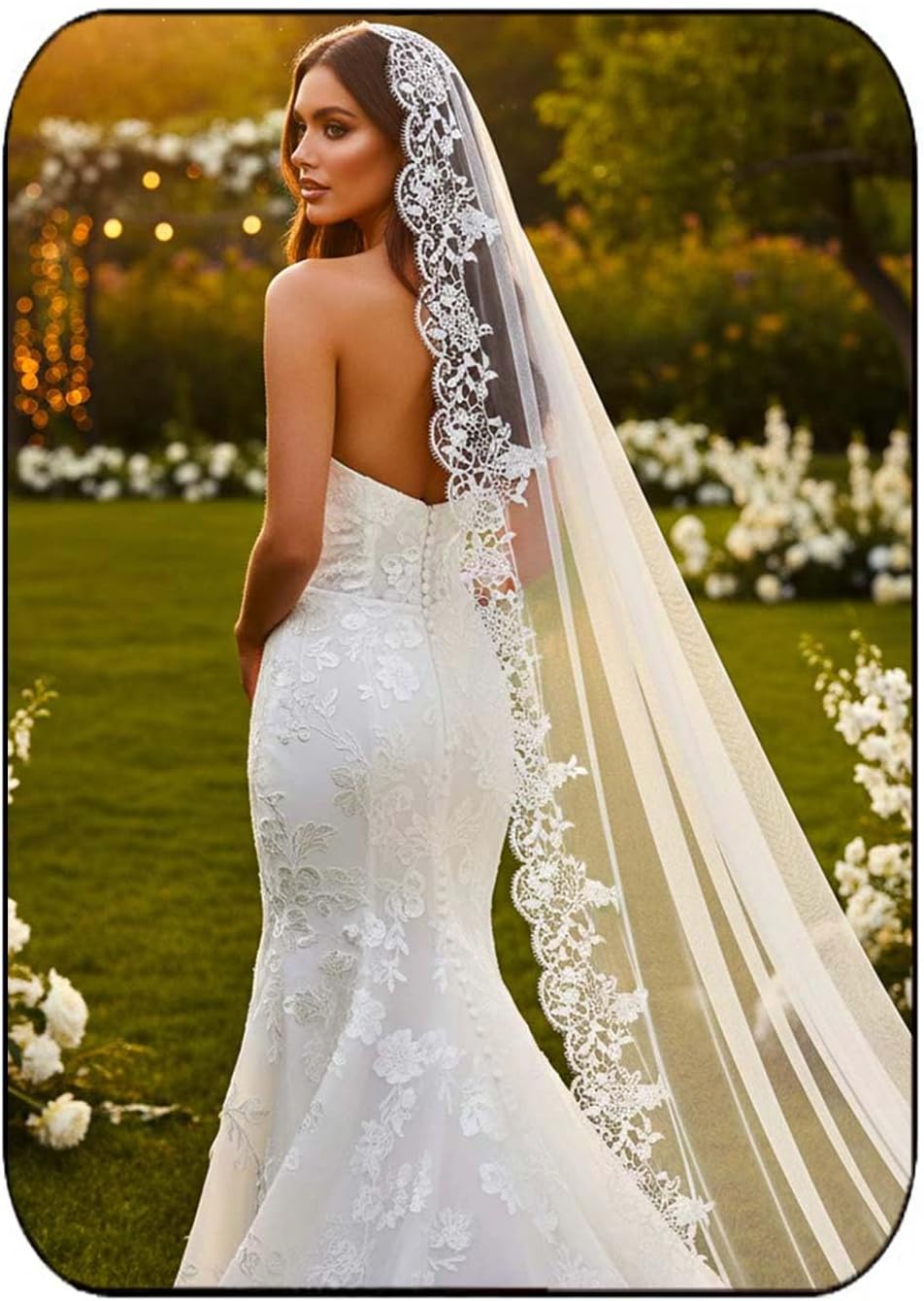 EASEDAILY Lace Wedding Veils Ivory Long Cathedral Chapel Length 1 Tier Bridal Tulle Veils with Comb for Women