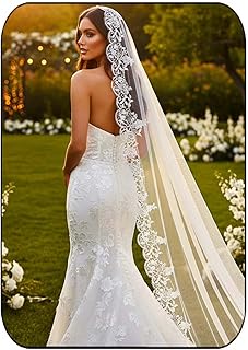 Lace Wedding Veils Ivory Long Cathedral Chapel Length 1 Tier Bridal Tulle Veils with Comb for Women