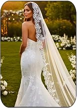EASEDAILY Lace Wedding Veils Ivory Long Cathedral Chapel Length 1 Tier Bridal Tulle Veils with Comb for Women