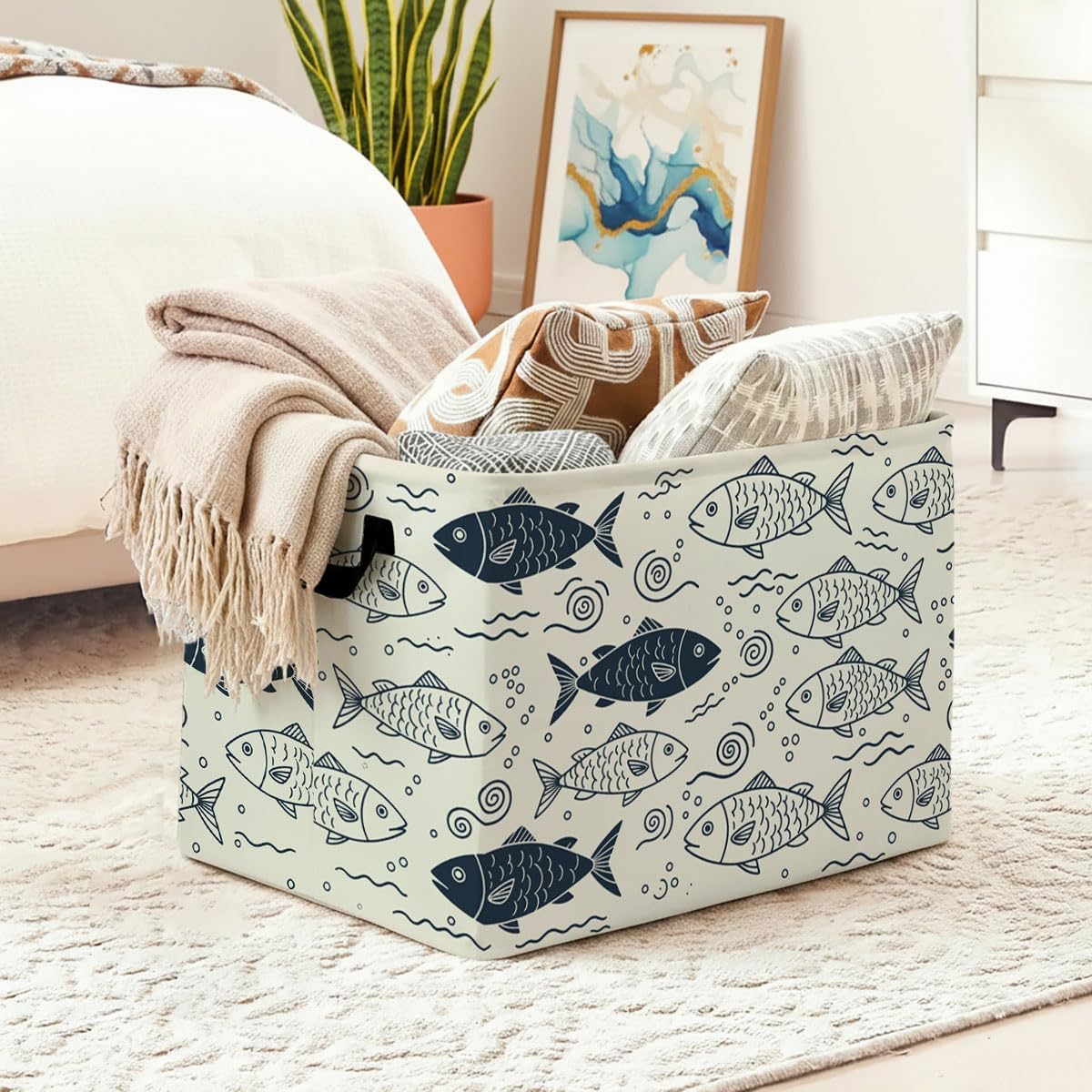 Blue Fish Laundry Hamper with Handles,Large 56L Foldable Square Clothes Basket Multi‑Use Blanket Storage Bins for Organizing Books,Toys,Gifts,Room Decoration,Laundry Room,Dorm Nursery image 2