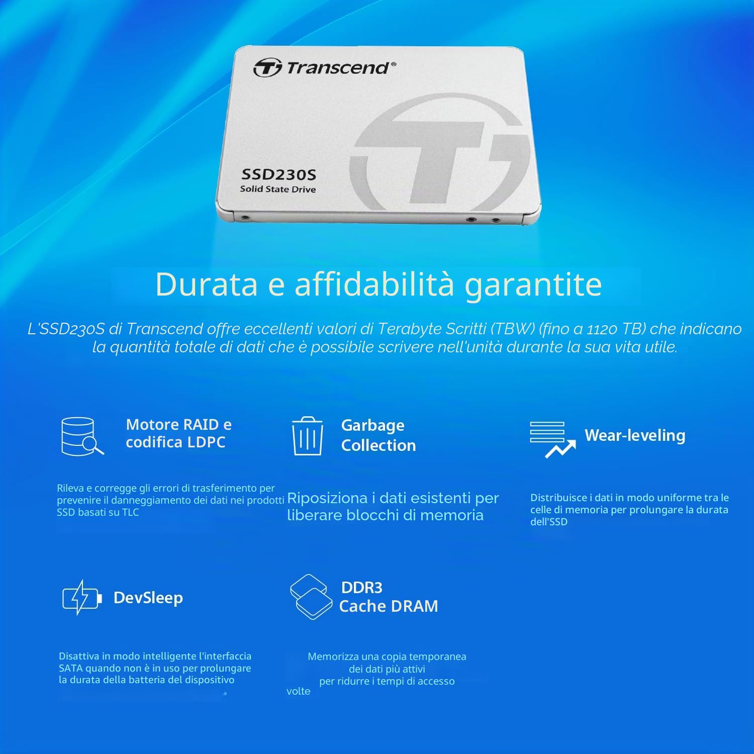 Transcend SSD interno da 1 TB SSD230S SATA III 6 Gb/s 2,5 pollici, memoria 3D TLC NAND con cache DRAM - TS1TSSD230S