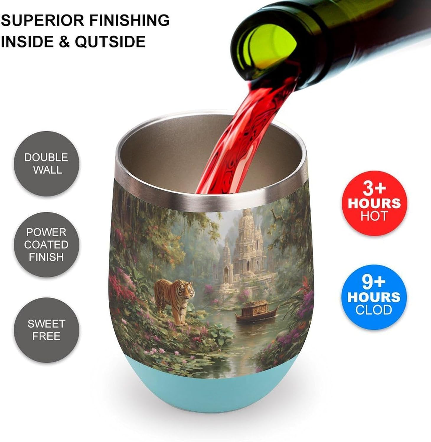 Tiger Temple Boat Water Lilies Insulated Drinking Cup Stainless Steel Coffee Mug Wine Tumbler with Lid 12OZ