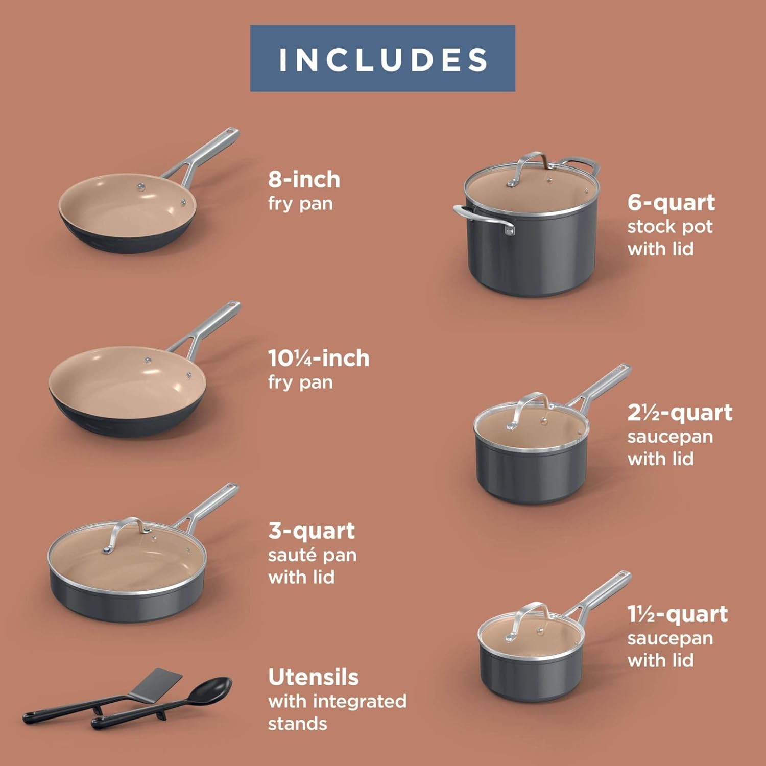 Extended Life 12-Piece Ceramic Cookware Set, Nonstick Pots and Pans, PFOA & PFAS Free, Oven Safe to 550°F, Induction Compatible