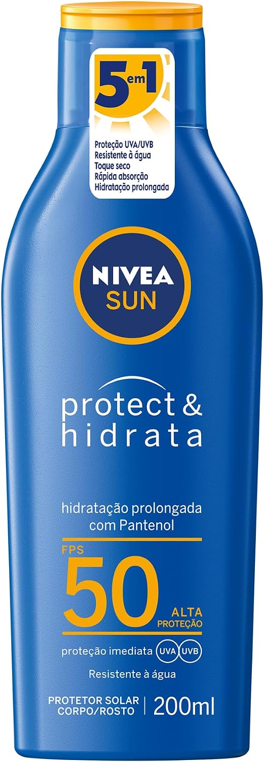 NIVEA SUN Protetor Solar Protect & Hidrata FPS 50 200ml – Com toque seco, rápida absorção e resistente à água, esse protetor solar oferece altíssima proteção ao sol e promove hidratação à pele