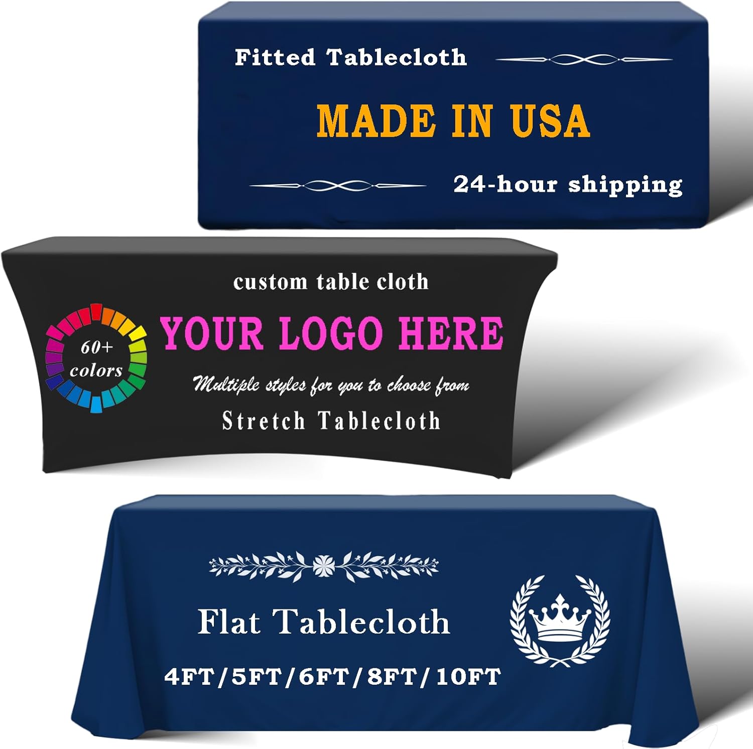 Custom Table Cloth with Logo Text Image Multiple Sizes 4FT 5FT 6 FT 8FT Personalized Tablecloth for Tradeshow Events School Associations Shop Church Club (Flat Tablecloth, 4FT Back Open)