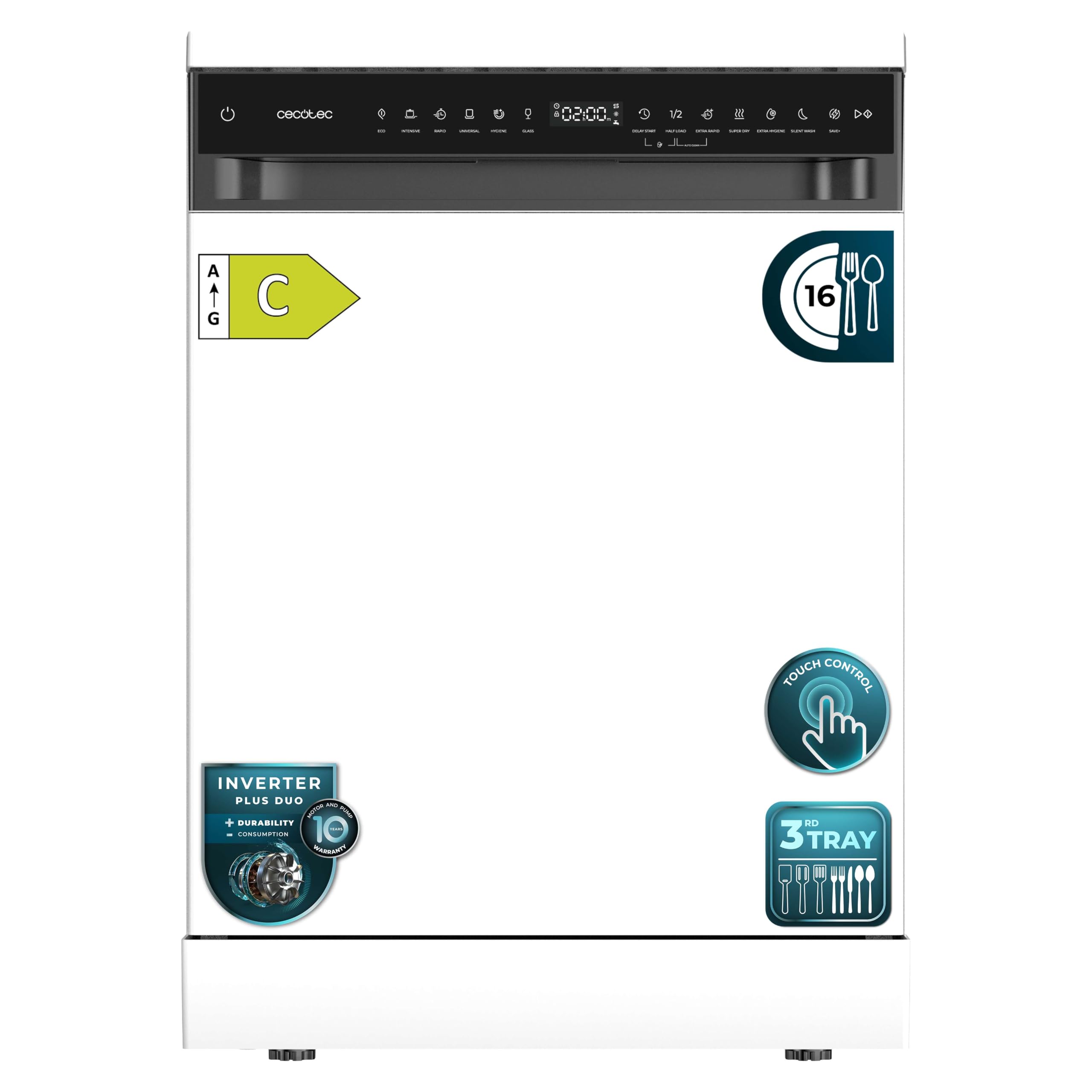 Cecotec Lavavajillas 60 cm Libre Instalación Bolero Aguazero 6550 | 16 Servicios, 3ª Bandeja Cubiertos, Motor Inverter Plus Duo, Control Touch, 12 Programas, Secado Autoapertura O2Dry