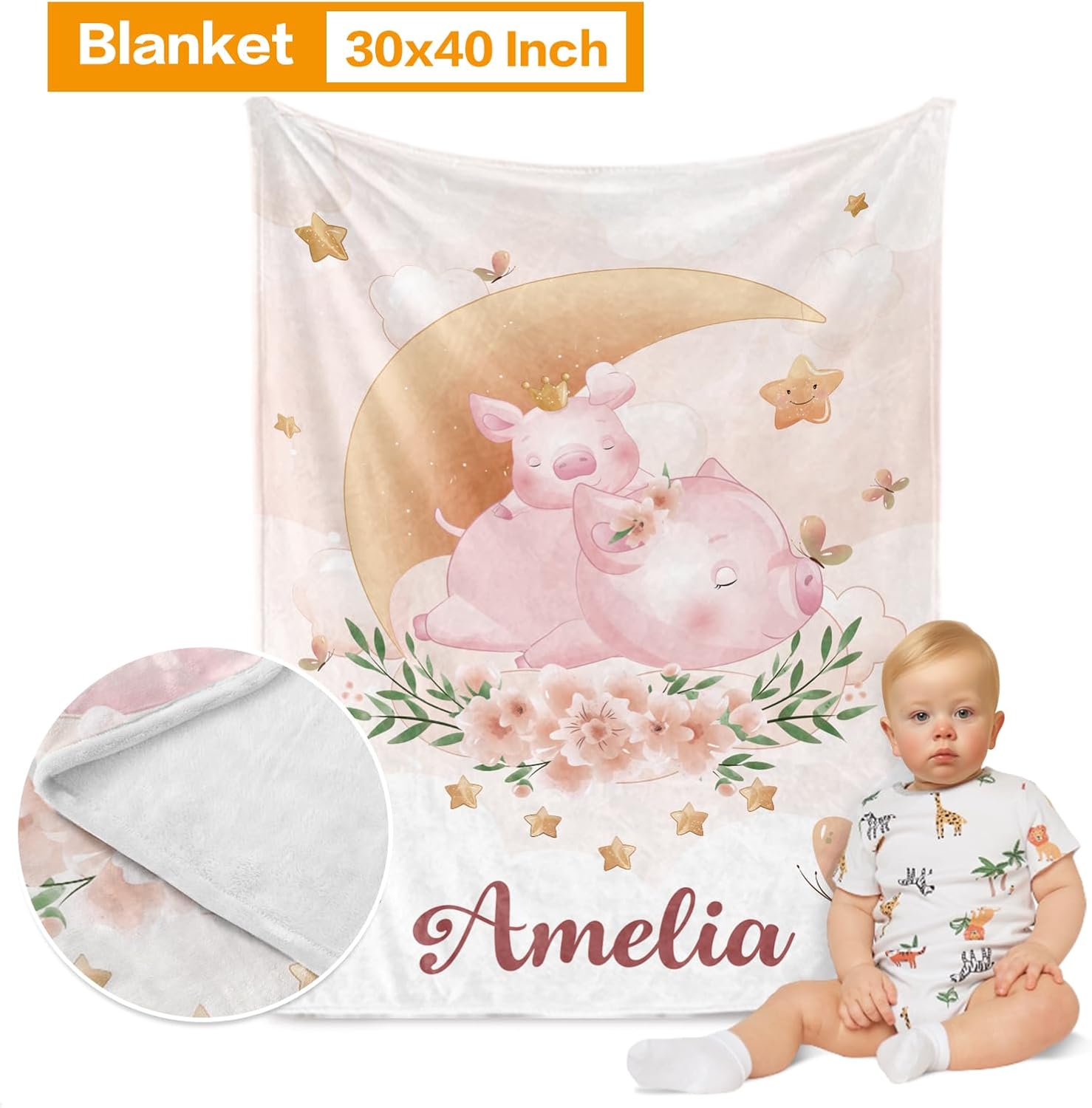 Custom Baby Crib Bedding Set - Moon Animal Personalized Name Nursery Bed 3 Pcs Set - Chic Soft Blanket, Sheet, Crawling Rug for Newborns Boys Girls Gifts Color13-Pig