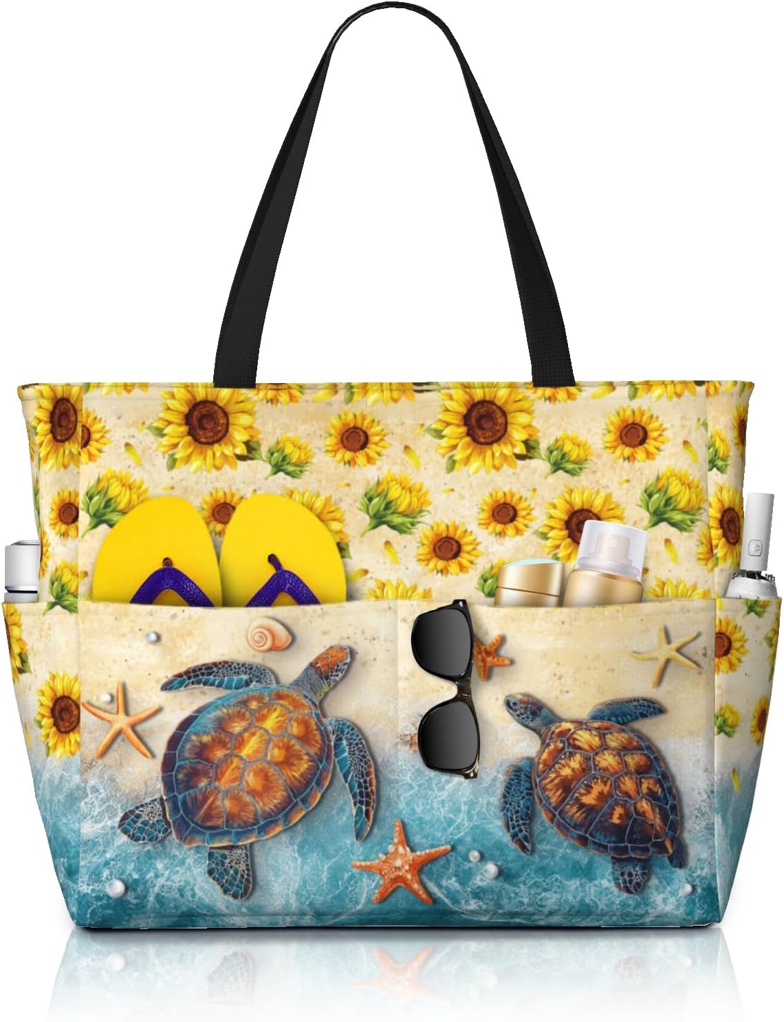 Beach Tote Bag, Large Capacity Shoulder Bag for Summer Vacation, Stylish Carry All for Beach Essentials Womens (Sunlower Beach Turtle, One Size)