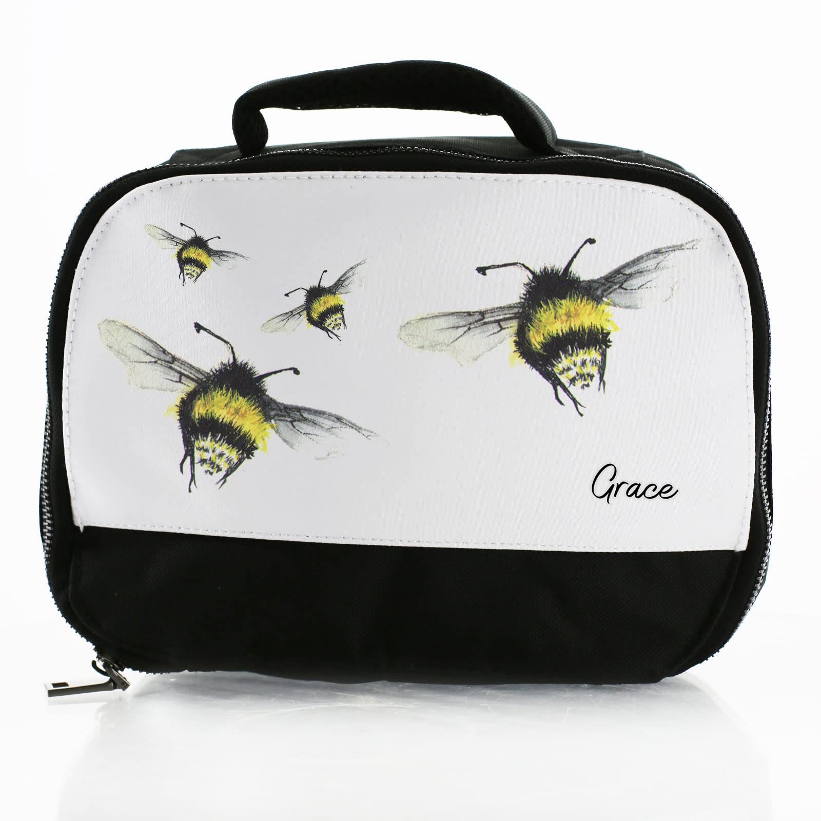 Personalised Bag, Black and White Insulated Lunch Bag Customised with Initial / Name / Text, Lemon Garden Bee Print Design, Dinner Bag For School for Hot and Cold Food, Size: (18cm x 25cm x 8cm) โ image 1