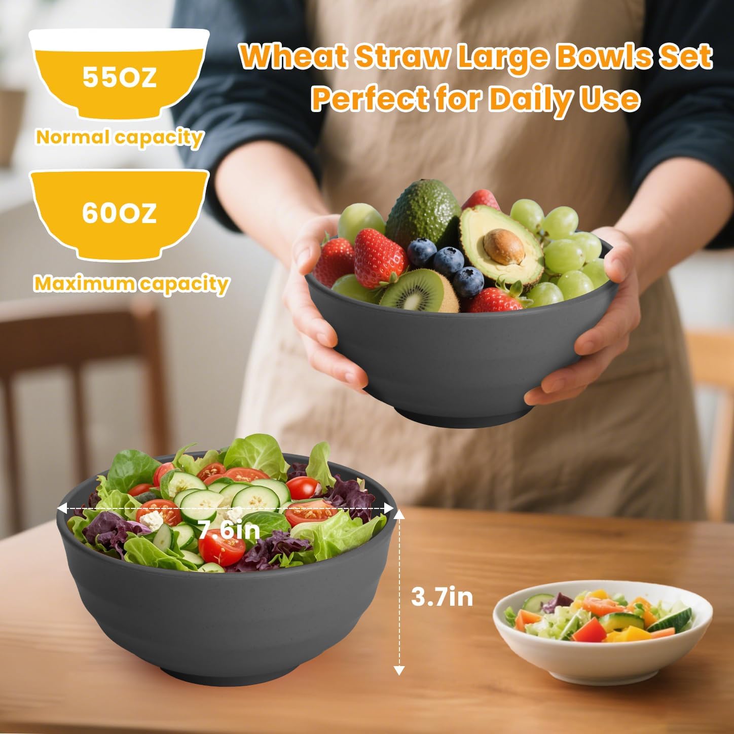 Homienly Wheat Straw Bowls Set of 8, 60oz Extra Large Unbreakable Bowls - Lightweight Alternative to Plastic Serving Bowls for Cereal, Ramen & Soup, Microwave Safe for Outdoor Activities (Grey) - Image 2