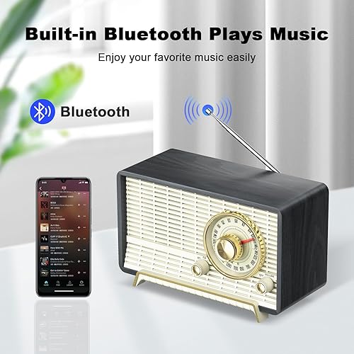Miniatura 2 de YOWGUIF - Radio AM FM clásica retro de madera para mesa, altavoces Bluetooth, radios enchufables de pared con perilla giratoria, ideal para el hogar