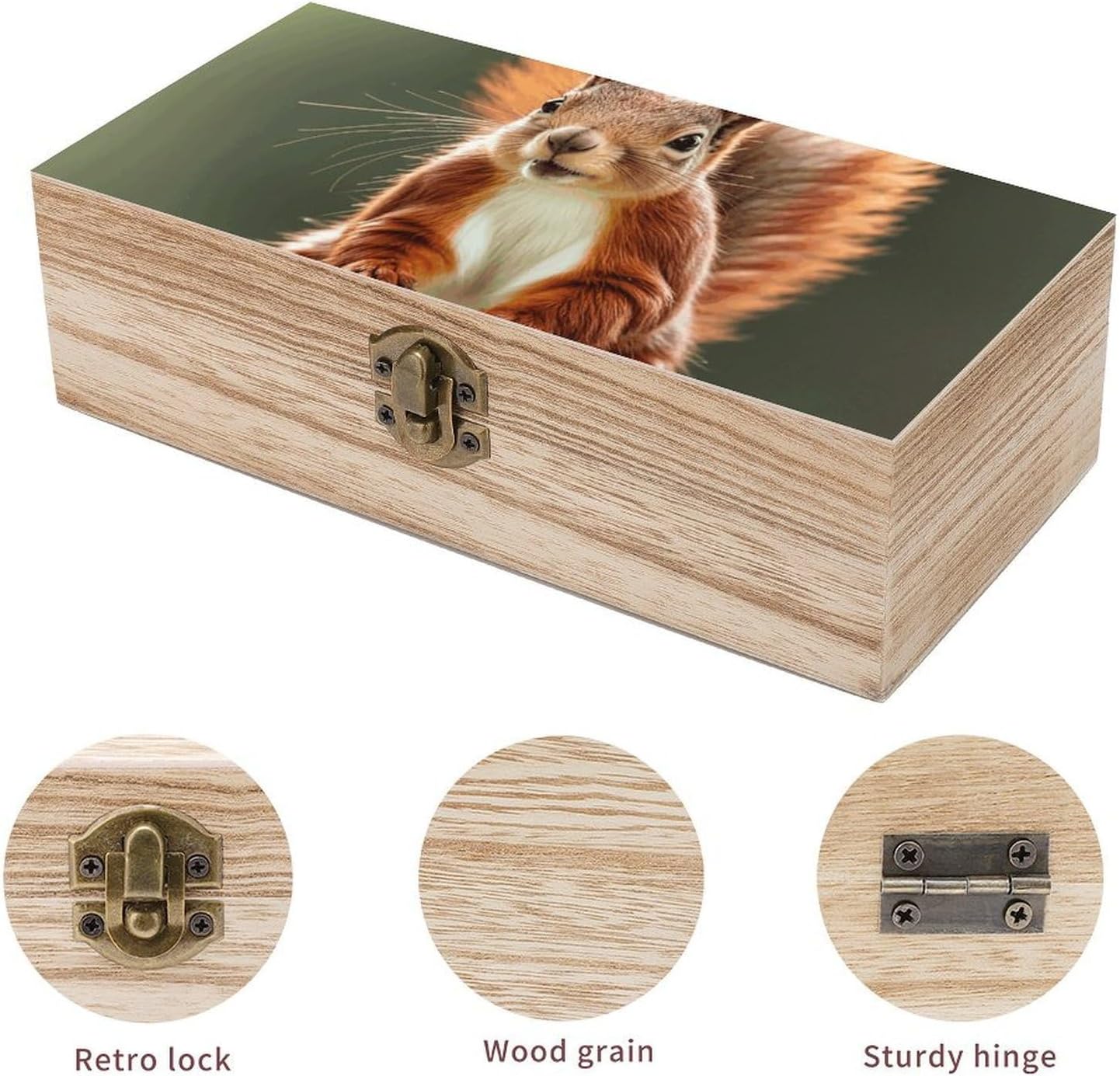 Vintage Wooden Storage Box with Hinged Lid, Red Squirrel image 3