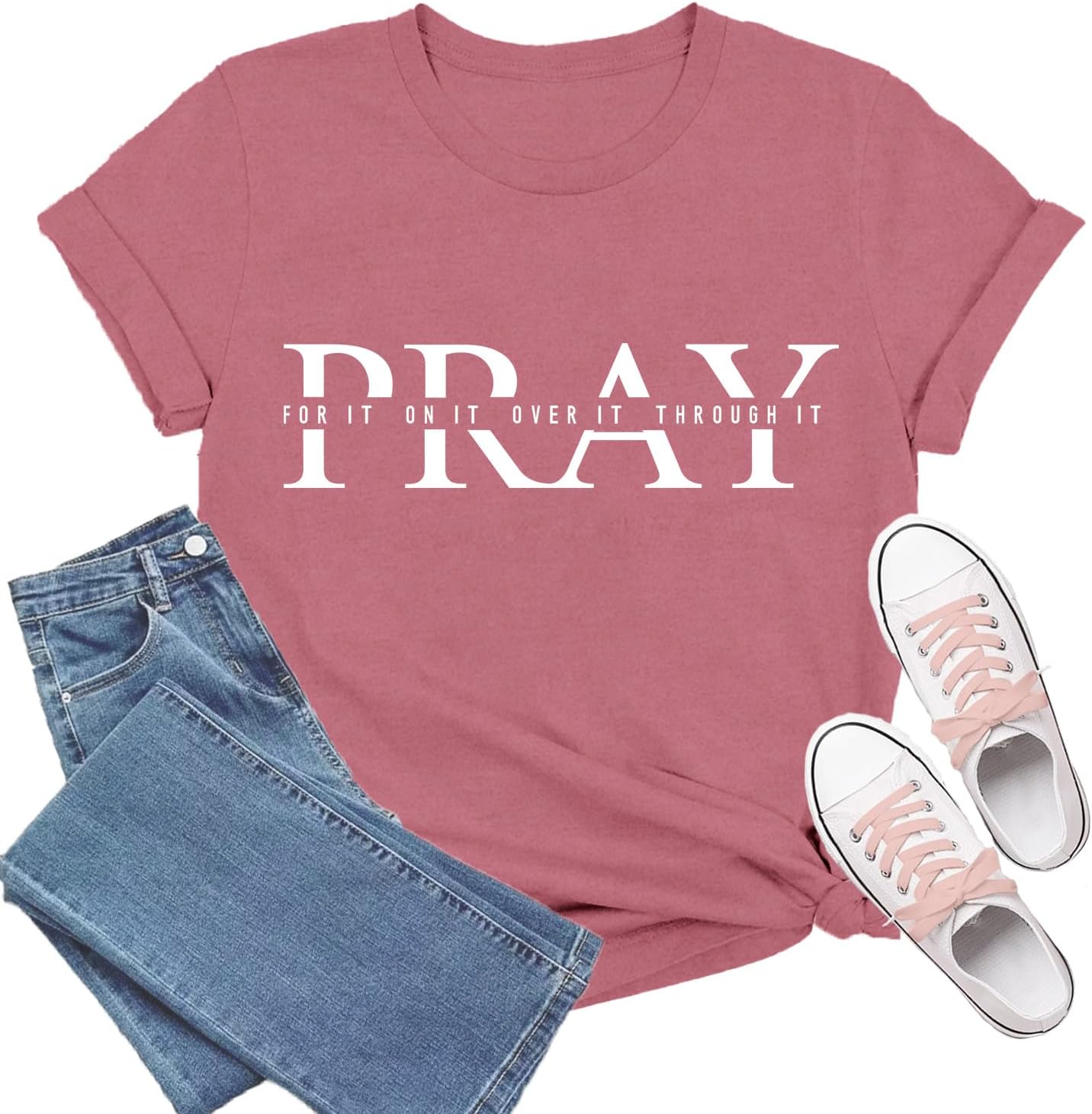 TIEEI Christian Shirts for Women Prayer T-Shirt Pray for It On It Over It Through It Tee Tops