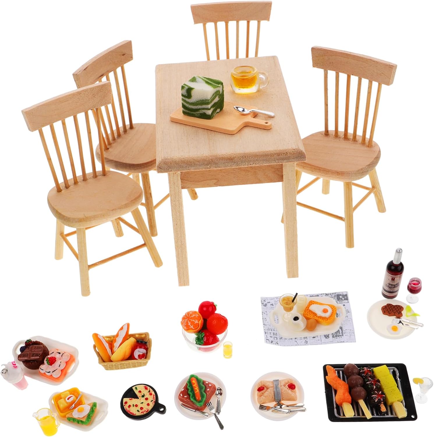 1 Set Miniature Dining Table Chair with Food Model Doll House Furniture for Comfortable for Dollhouse Layouts Micro Landscape Decor