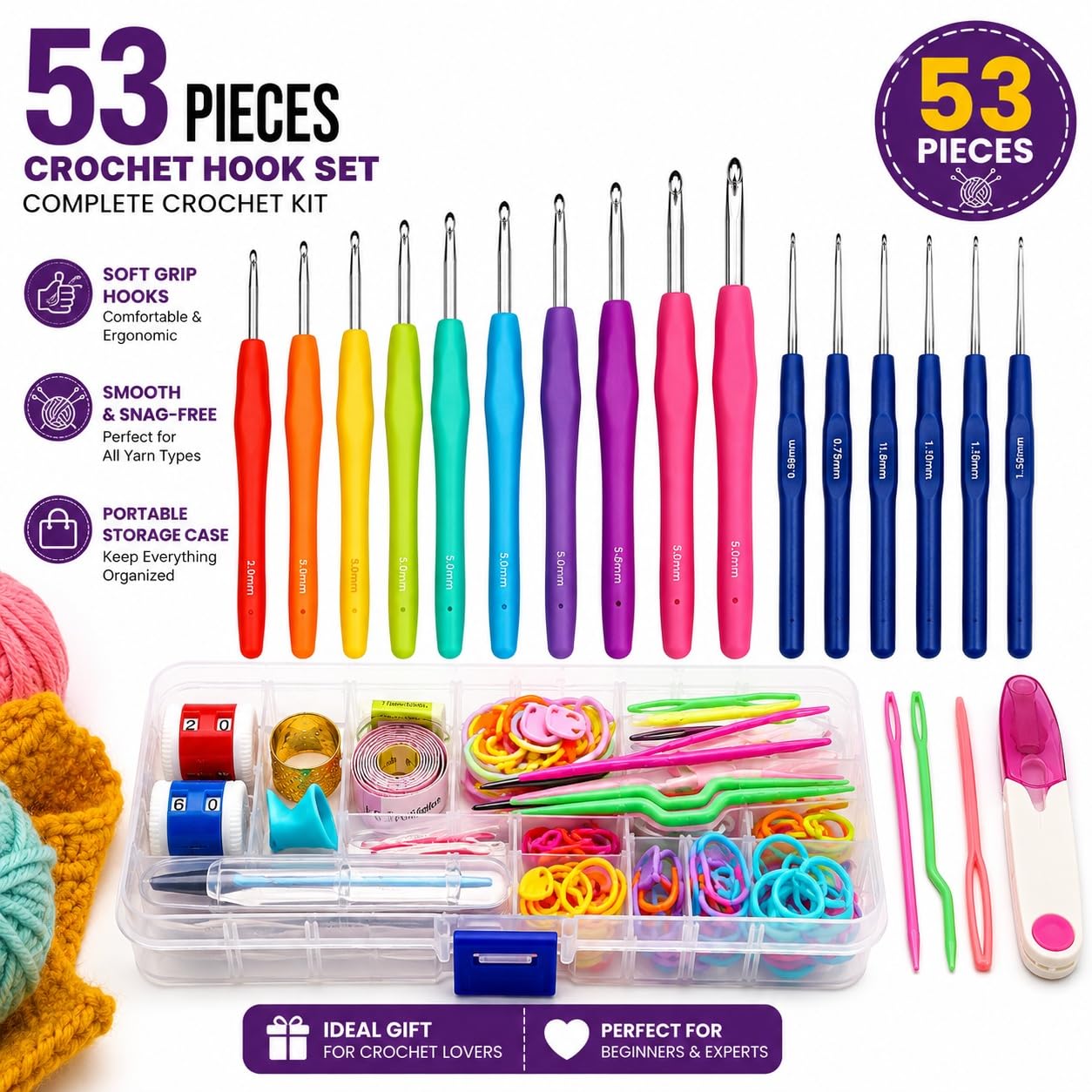 NAITIK CREATION Crochet Hook Set for Beginners Adults, 53-Piece Ergonomic Crochet Kit with Soft Grip Hooks, Knitting Needles Set, Crochet Needles Set with Organizer Case 1