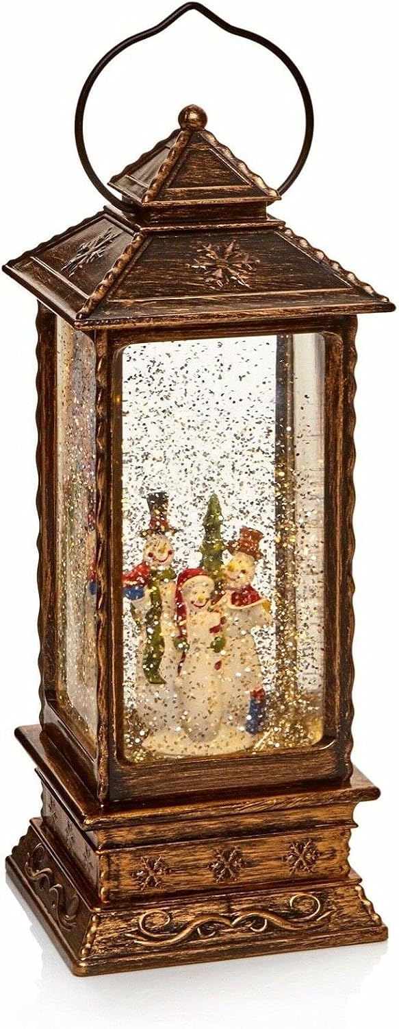 PremierChristmas Snowman Family LED Metal Water Lantern with Glitter Snow 27cm Tall, Bronze