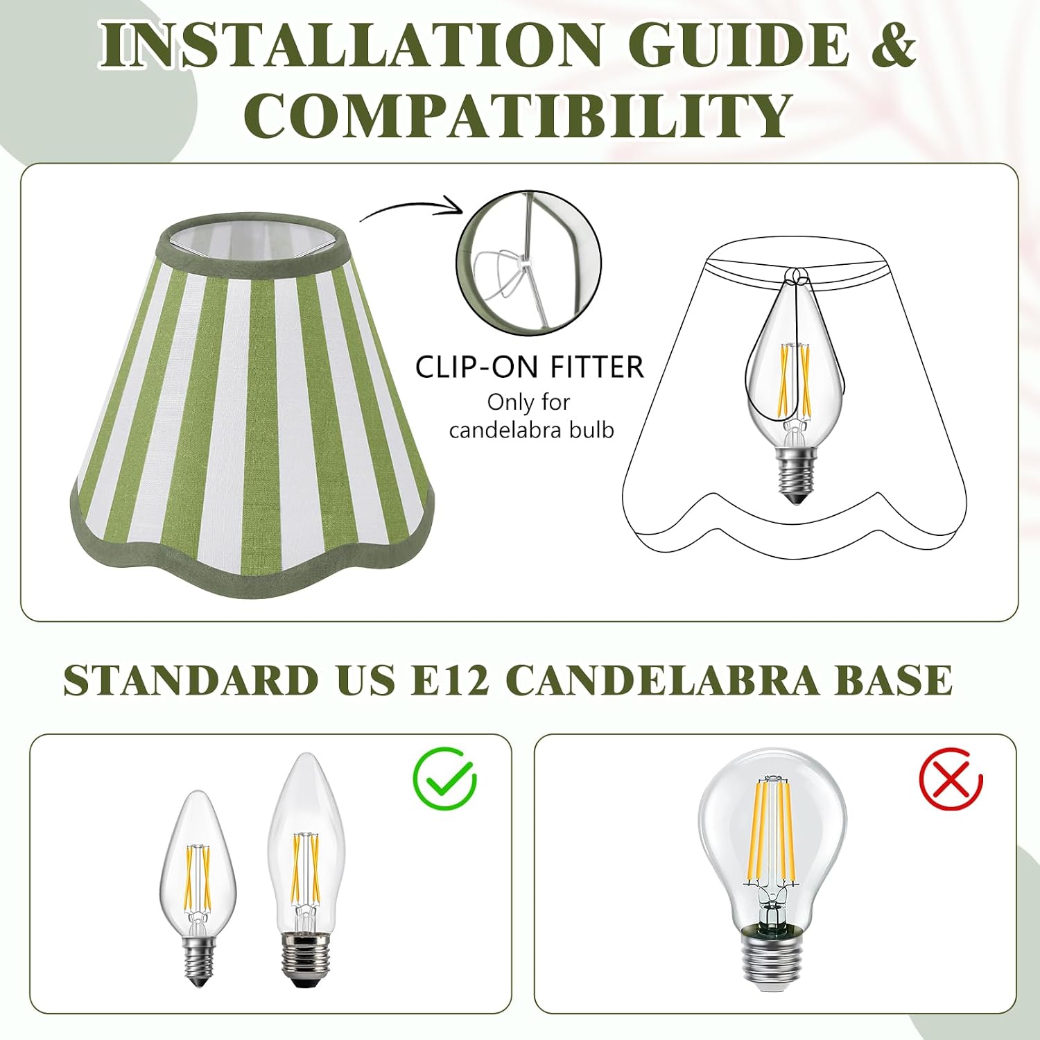 VIHOSE Set of 6 2.9" Top x 5.9" Bottom x 5.1" Height Striped Chandelier Lamp Shades, Mini Scalloped Lampshade with Petal Edges, for Table Wall Living Room Bedroom Easy Assembly(Sage Green)