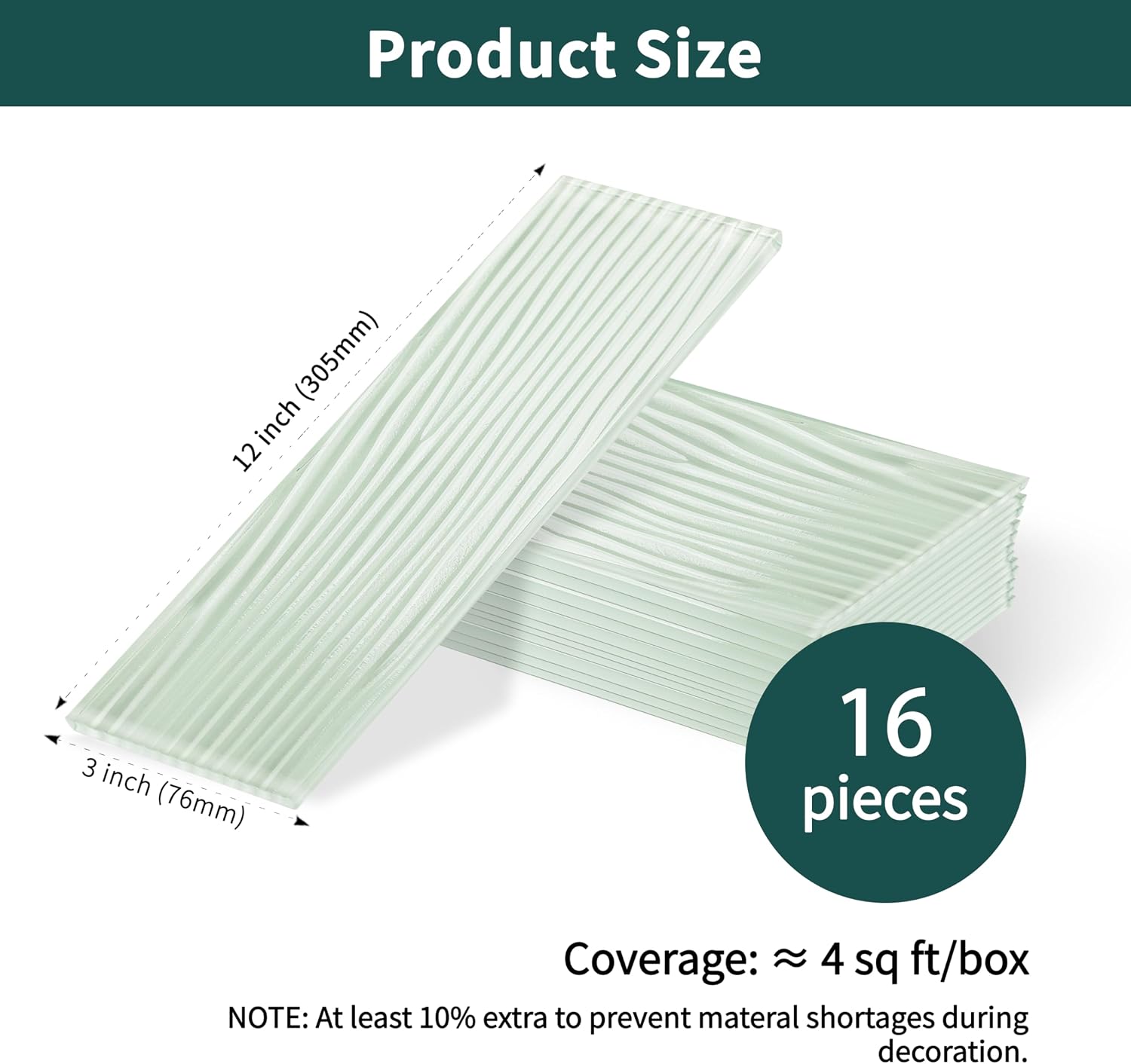 Light Green Glass Subway Tile, Glass for Bathroom Kitchen Shower Backsplash Wall, 3 x 12 Inches, 16Pcs, 4 Sq.Ft.