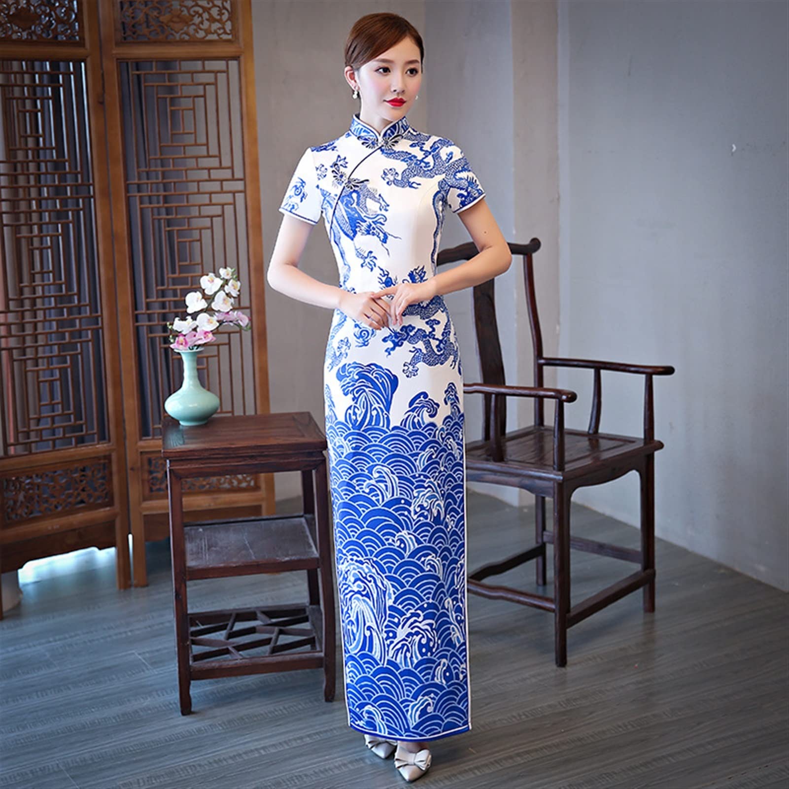 Vestido Cheongsam Estilo Vintage - Estampado Floral, Cuello Alto, Manga Larga Y Abertura Lateral