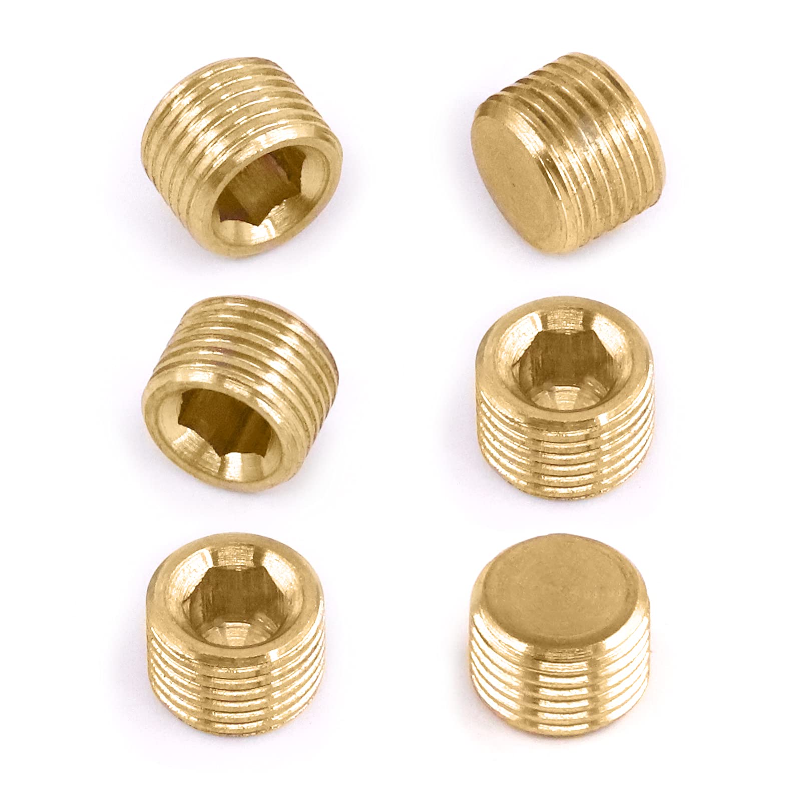 Mardatt 6Pcs 1/8" Brass NPT Plug, Internal Hex Counter Sunk Pipe Fitting Male Thread Pipe Plug Set