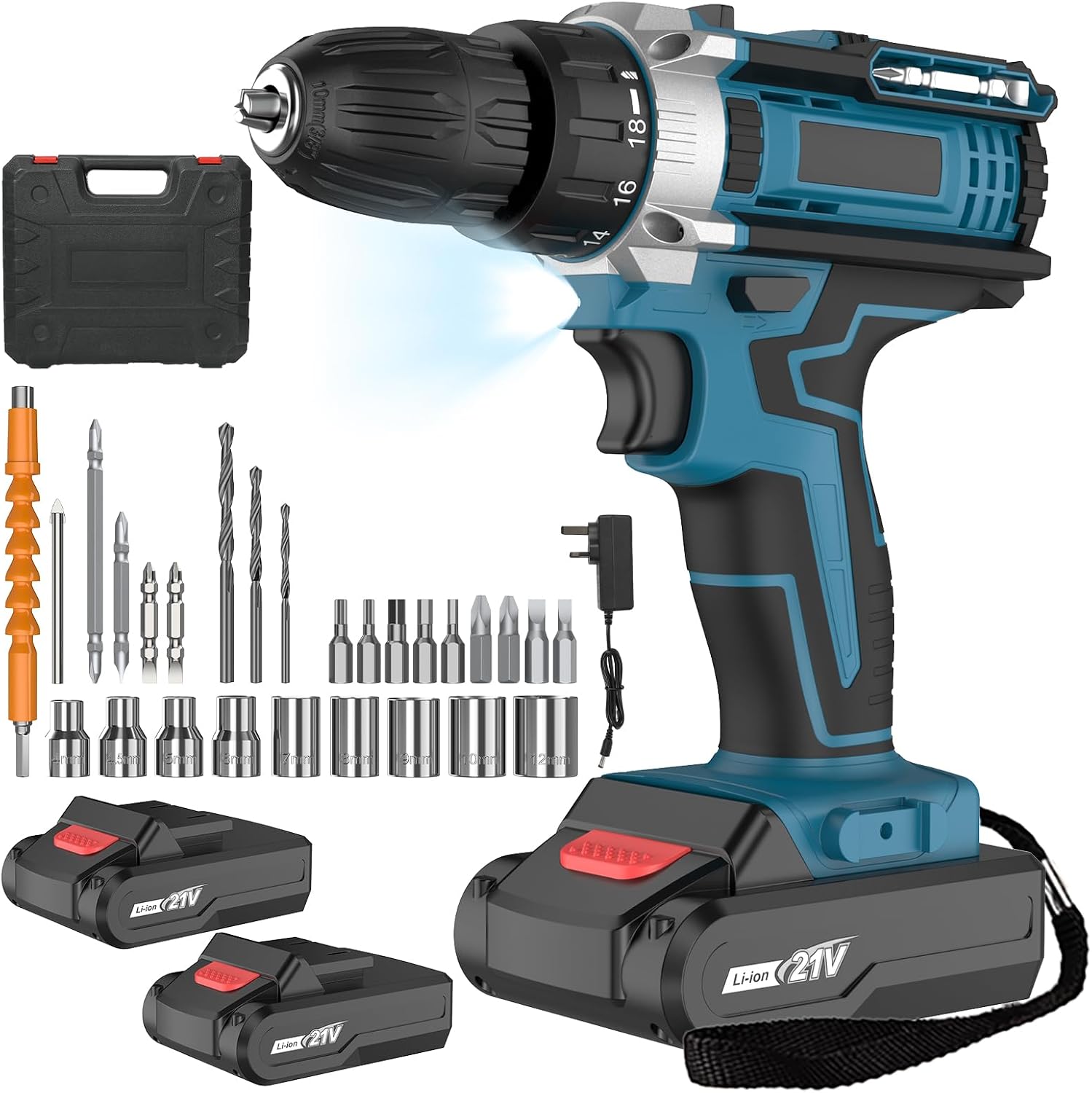 21V cordless drill with two batteries