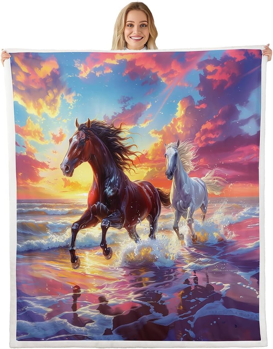 Gorgeous Horse Sherpa Blanket Pastel Pink Floral Lightweight Polyester Blanket Girly Horse Animal Fleece Blanket Southwest Country Bed Blanket Queen for Home Bedroom Sofa Bed