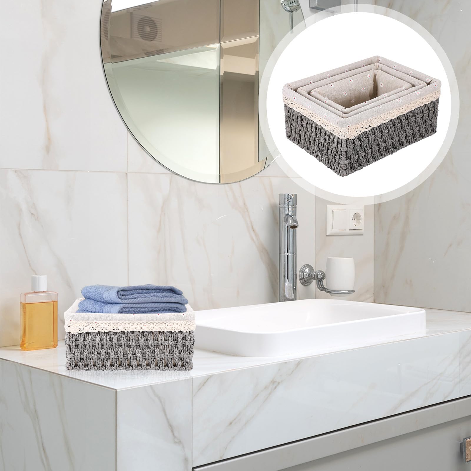 Set 3 Cestini Portaoggetti da Scrivania in Rattan Intrecciato Grigio, Organizer Compatti per Casa e Ufficio, Contenitori Multiuso per Piccoli Oggetti