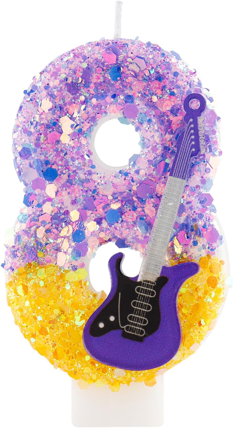 Kpop Birthday Candle,Number 8 Birthday Candle, Purple Glitter Guitar Themed Cake Topper for K-Pop Fans, Music Lovers, 8th Birthday Party Decorations