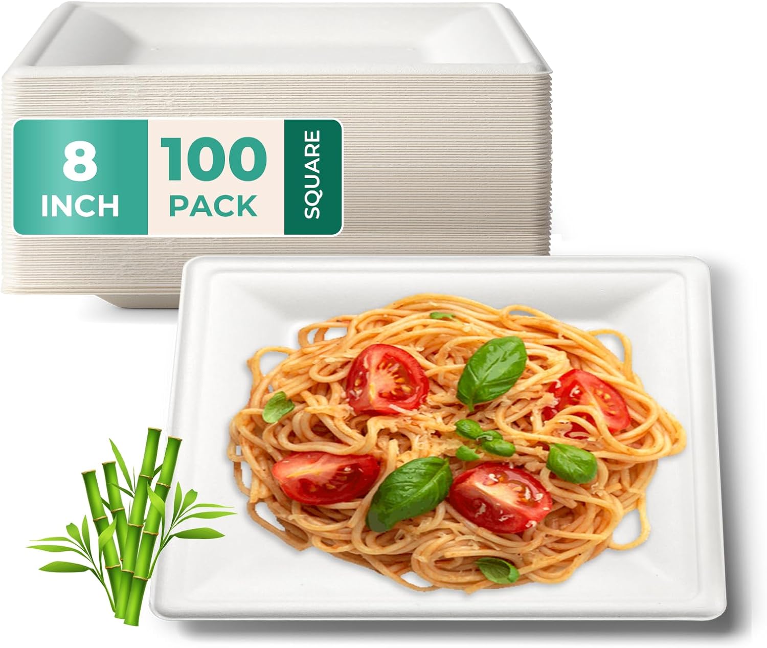 Fit Meal Prep 100 Pack Compostable Paper Plates, 8″ Biodegradable Square Plates, Heavy-Duty Disposable Dessert Plates, Eco-Friendly Sugarcane Plate for Party, Appetizer, Dinner, White