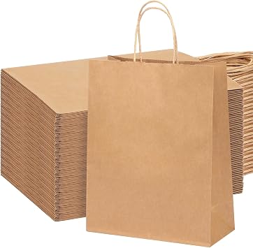 OUTUXED 100pcs 10x5x13 Brown Paper Bags with Handles Large Paper Gift Bags | Kraft Large Paper Gift Bags with Handles Bulk for Business, Shopping, Grocery, Retail, Birthday Party Favors, Merchandise