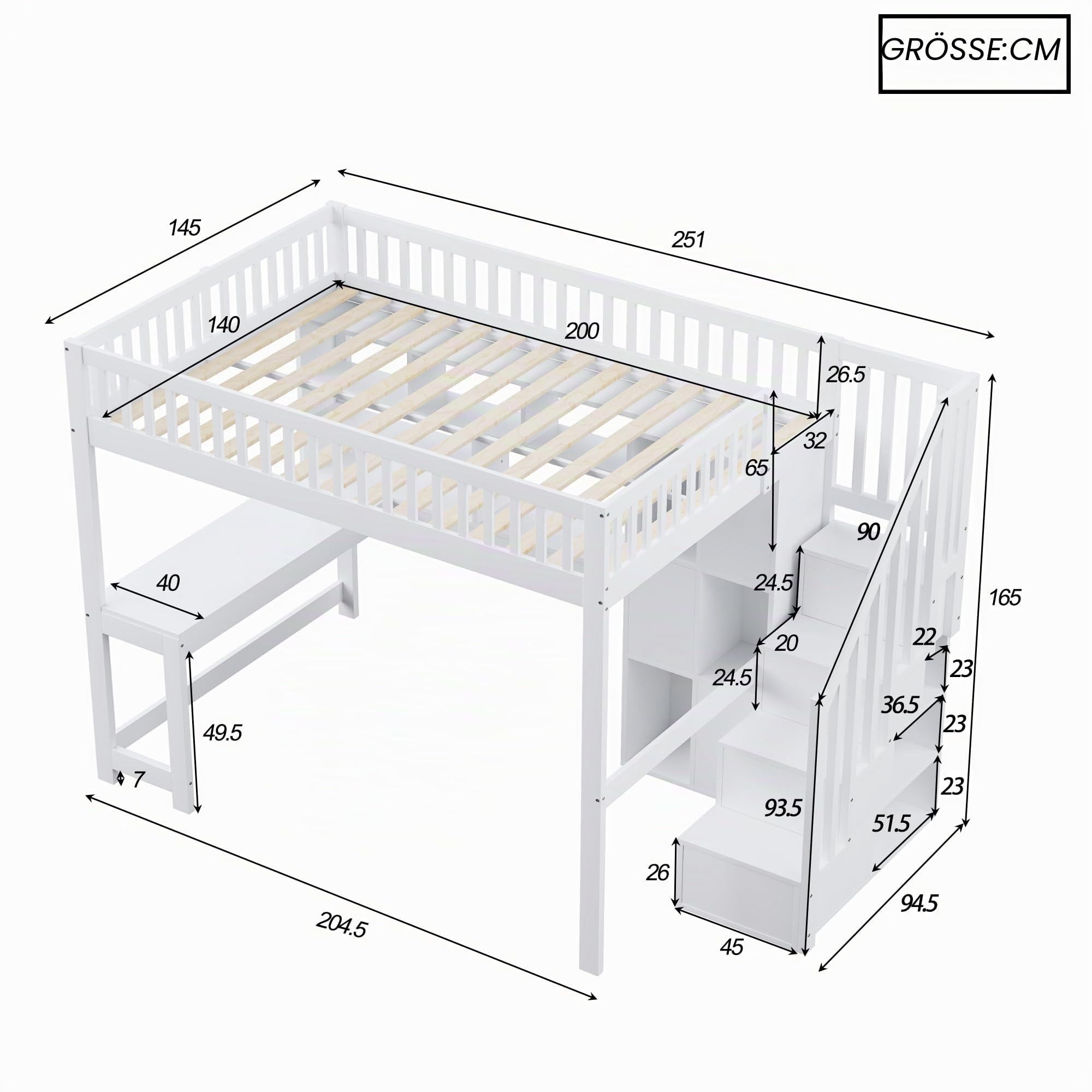 Moimhear Hochbett, 140x200cm, Mit LED-Leuchten, Ablageleiter, Regale, Ablagefächer, Schreibtisch, Kiefernholz+MDF+Plywood, Geeignet für Kinder und Jugendliche (Weiß)