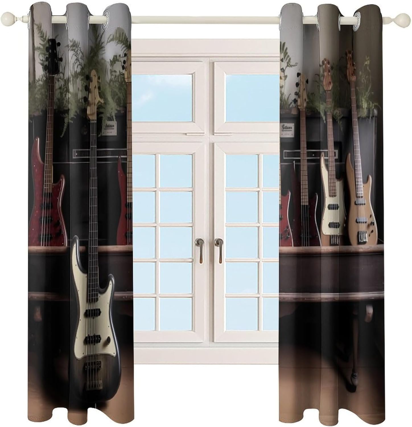 Guitar Bass Music Musical Instruments Printed Perforated Curtains, Insulated Curtains for Winter, Thermal Drapes are Suitable for Most Windows, Balconies
