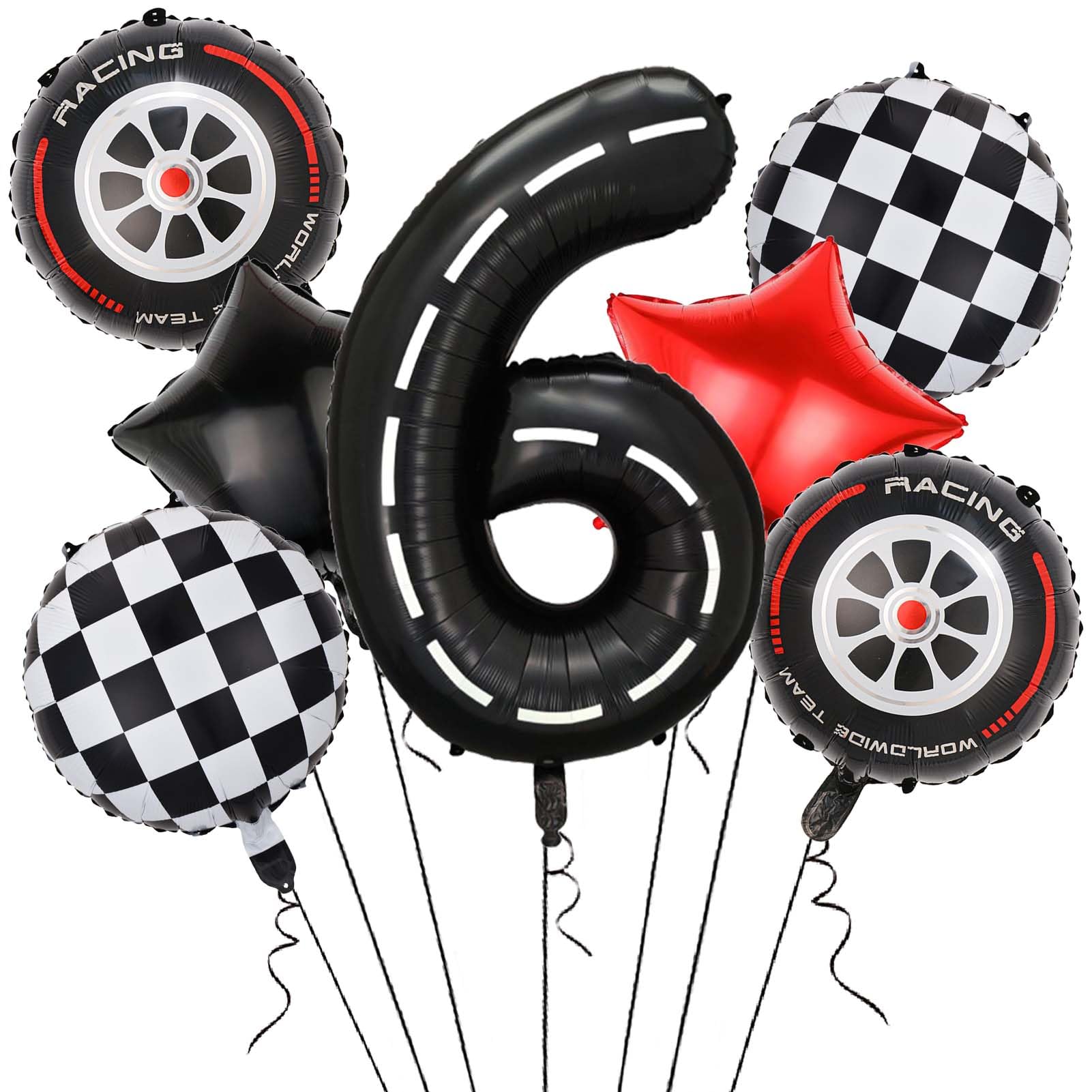 Race Car Balloons,40 Inch Racetrack Number 6 Balloon,Big Number Balloons Black for 0st Birthday Race Car Theme Party Decor Supplies 7 Pcs