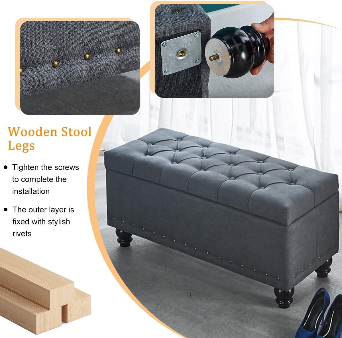 Grey Storage Ottoman Bench Entryway Shoe Rack 40cm Multifunctional Pouf Container Indoor Storage Seat Stylish Hallway nizer Kids Room Storage Solution