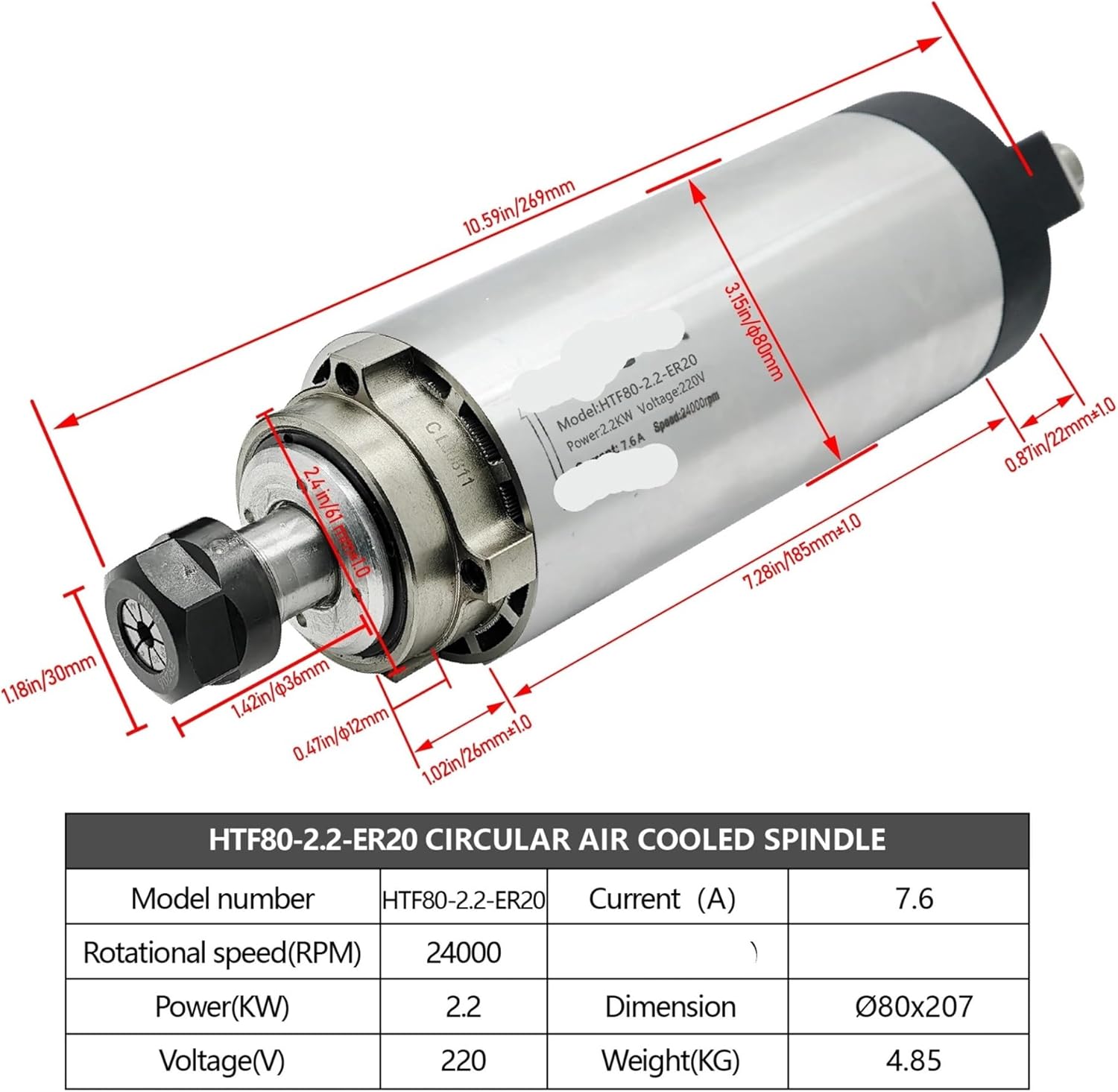 2.2KW 1.5kw 0.8kw Spindle Motor 110v / 220v 2200W 1500w 800w 400hz Air Cooling Round Spindle 24000RPM