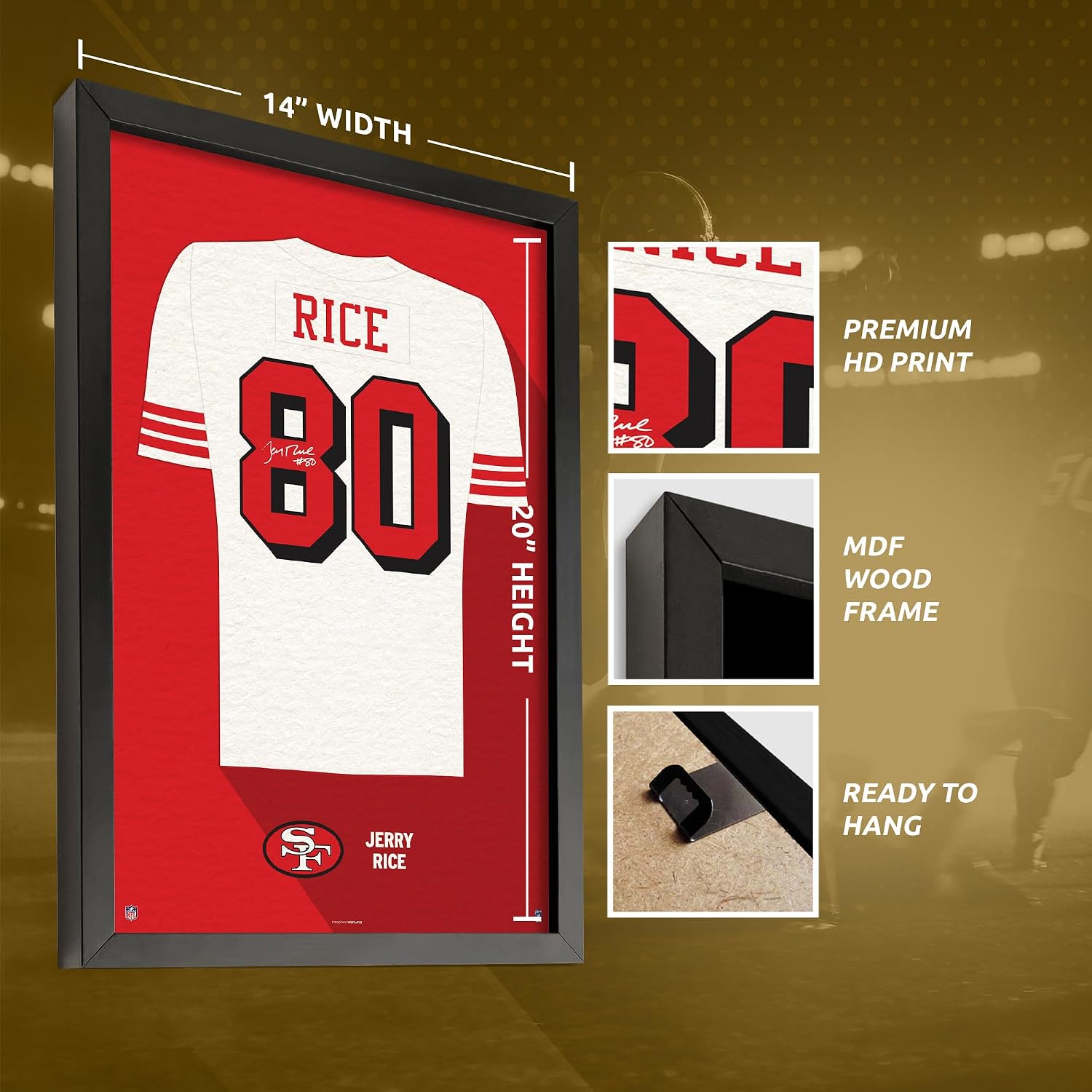 Sporticulture NFL American Football San Francisco 49ers - Jerry Rice Jersey Print Framed Wall Art Picture Poster for Boys Bedroom and Man Cave Decor - Ready to Hang, White 14"x 20", Small