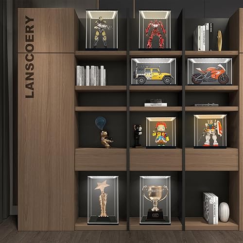Miniatura 3 de LANSCOERY Vitrina de acrílico transparente con luz, soporte vertical para caja de exhibición con base negra, escaparate de protección a prueba de
