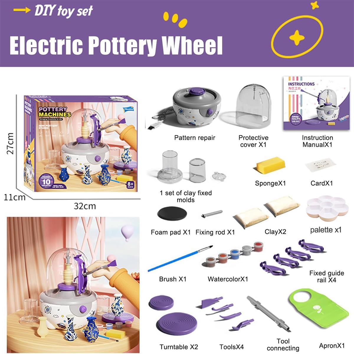 Mini elektryczne koło garncarskie, elektryczna maszyna do formowania ceramiki z narzędziami do rzeźbienia w glinie i odłączanym gramofonem