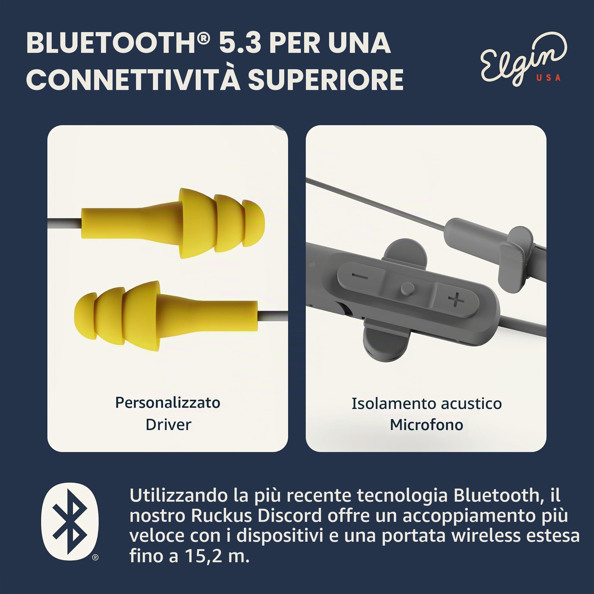 Elgin Ruckus - Auricolari Bluetooth wireless, 25 dB, riduzione del rumore, microfono con cancellazione del rumore, batteria 12 ore, IP65, protezione acustica conforme OSHA, sicurezza sul lavoro